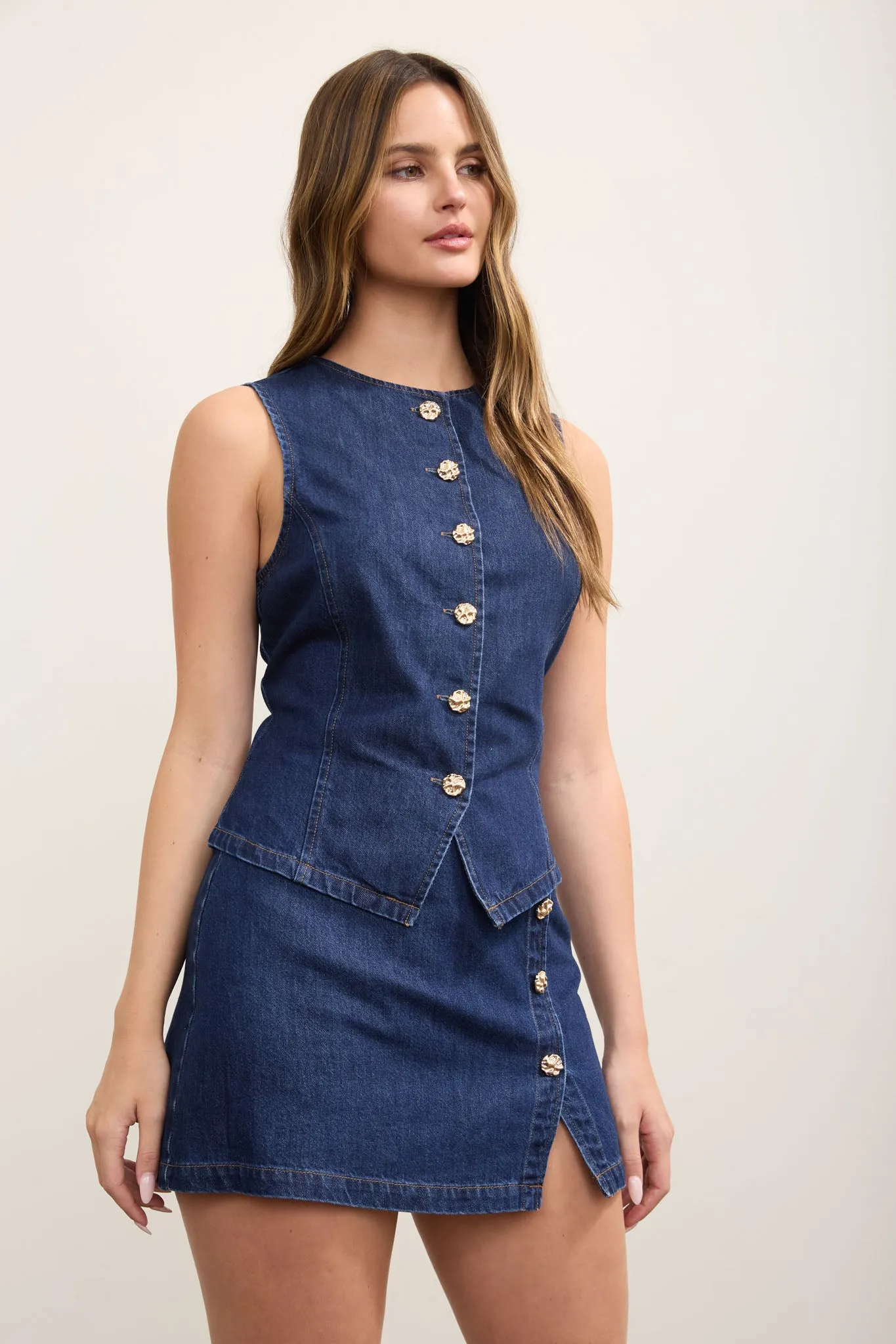 GOLD BUTTON ROUND NECK DENIM VEST TOP sold by Blu Pepper product image thumbnail 3
