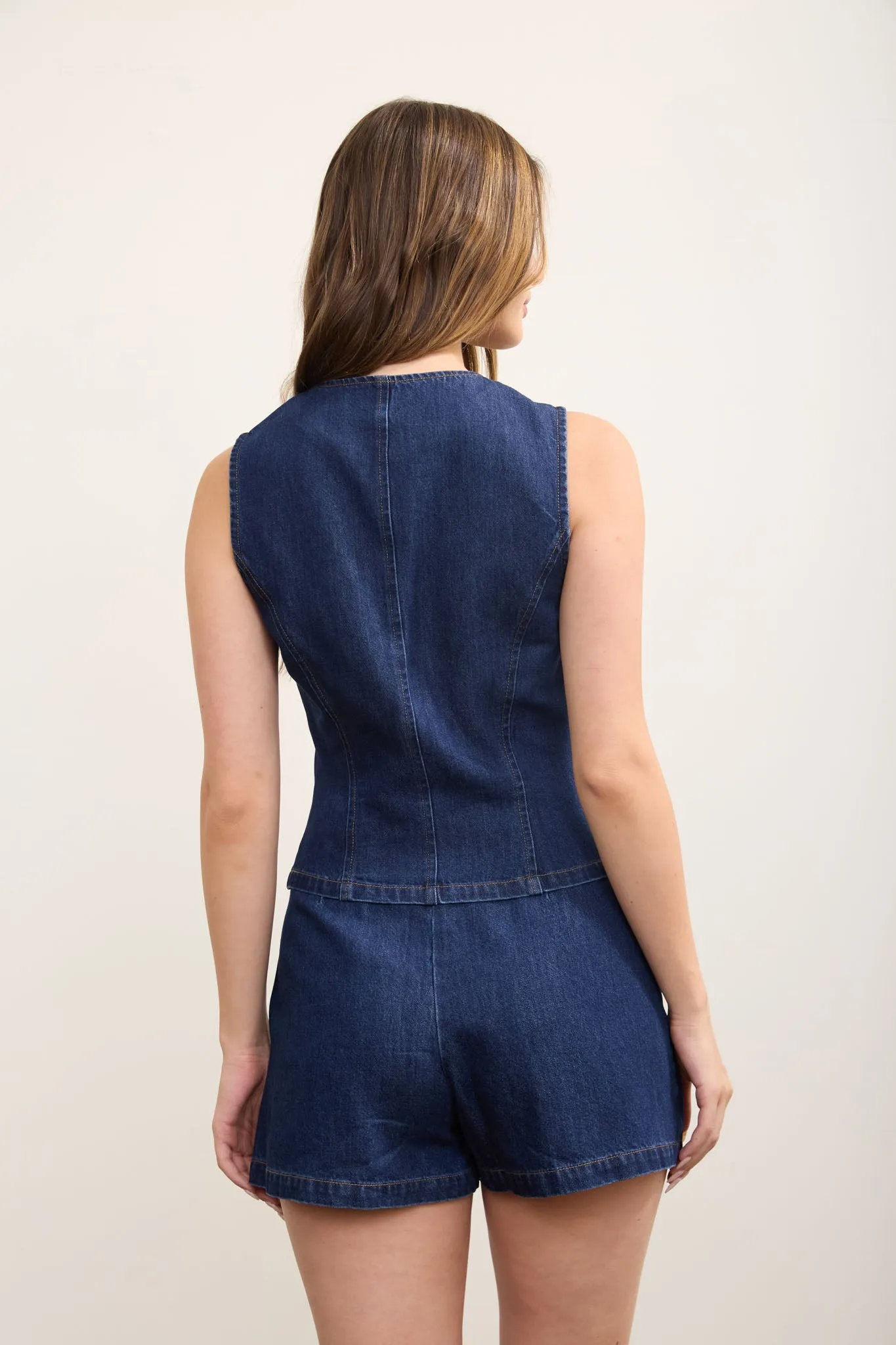 GOLD BUTTON ROUND NECK DENIM VEST TOP sold by Blu Pepper product image thumbnail 2