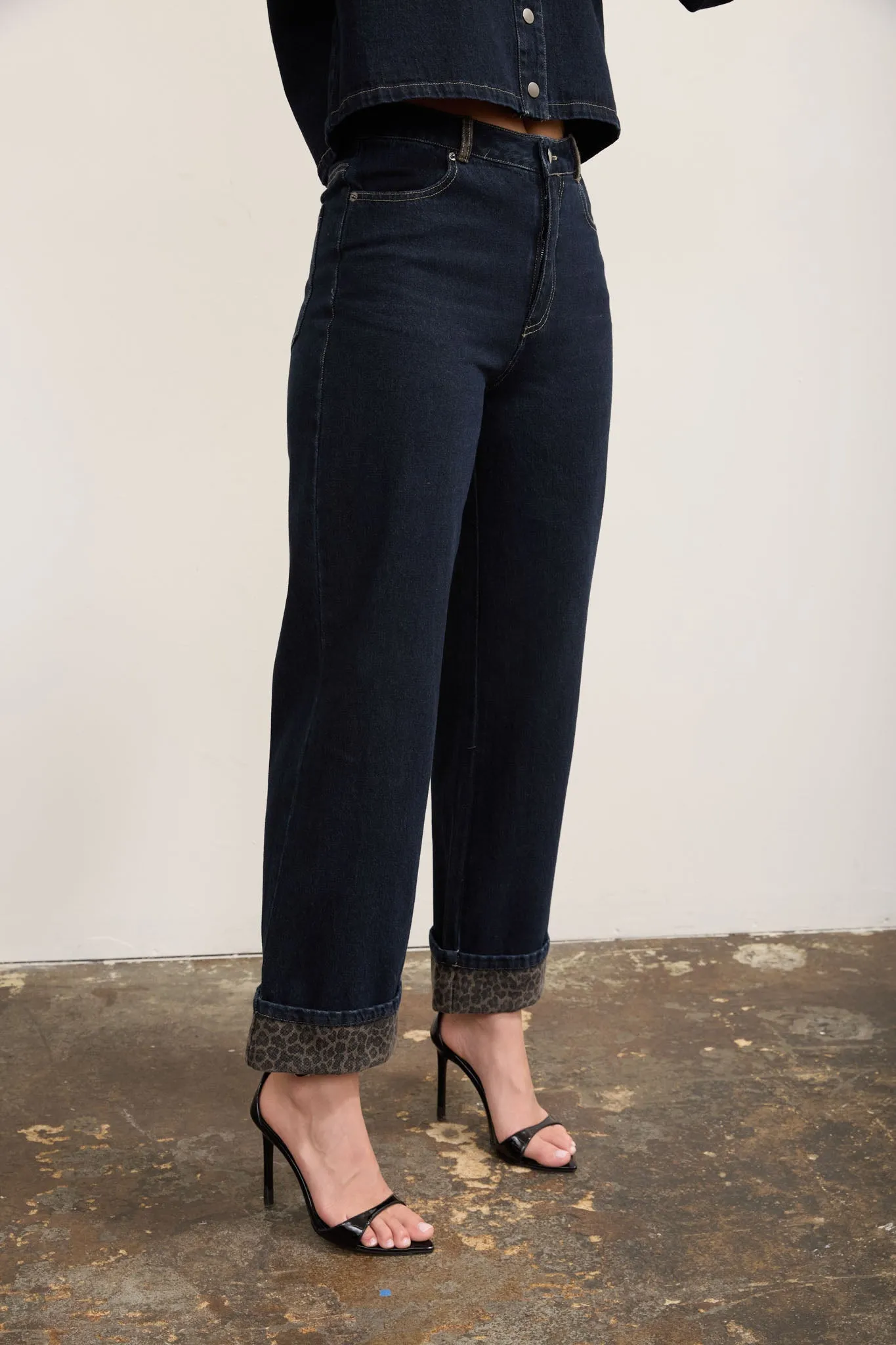 LEOPARD CUFF DETAIL WIDE LEG DENIM JEANS sold by Blu Pepper product image thumbnail 3