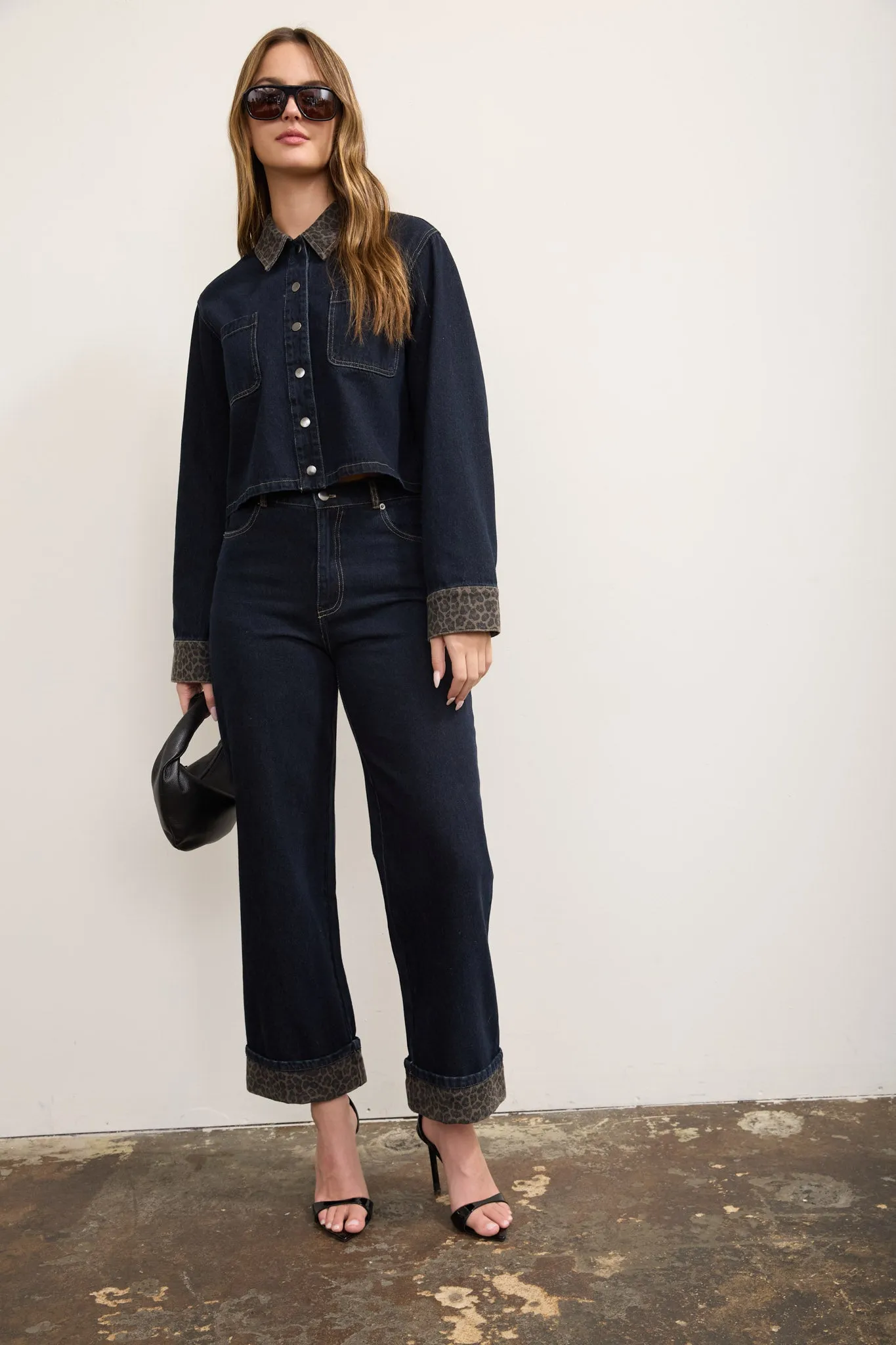 LEOPARD CUFF DETAIL WIDE LEG DENIM JEANS sold by Blu Pepper product image thumbnail 4