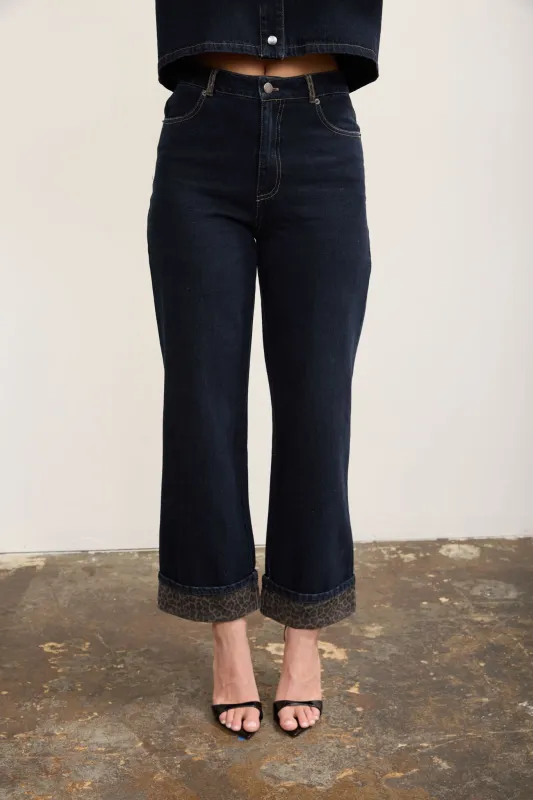 LEOPARD CUFF DETAIL WIDE LEG DENIM JEANS made by Blu Pepper