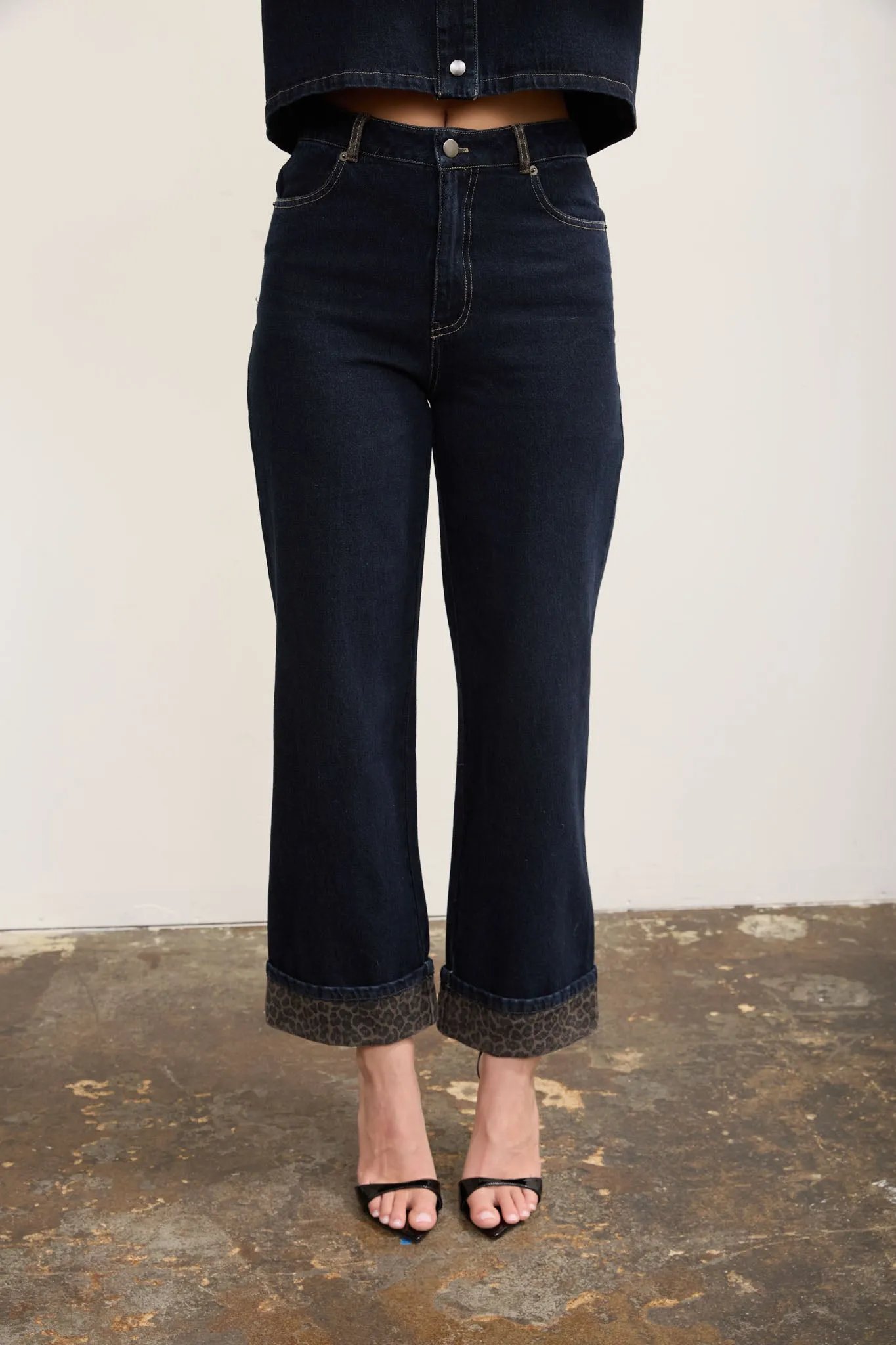 LEOPARD CUFF DETAIL WIDE LEG DENIM JEANS sold by Blu Pepper