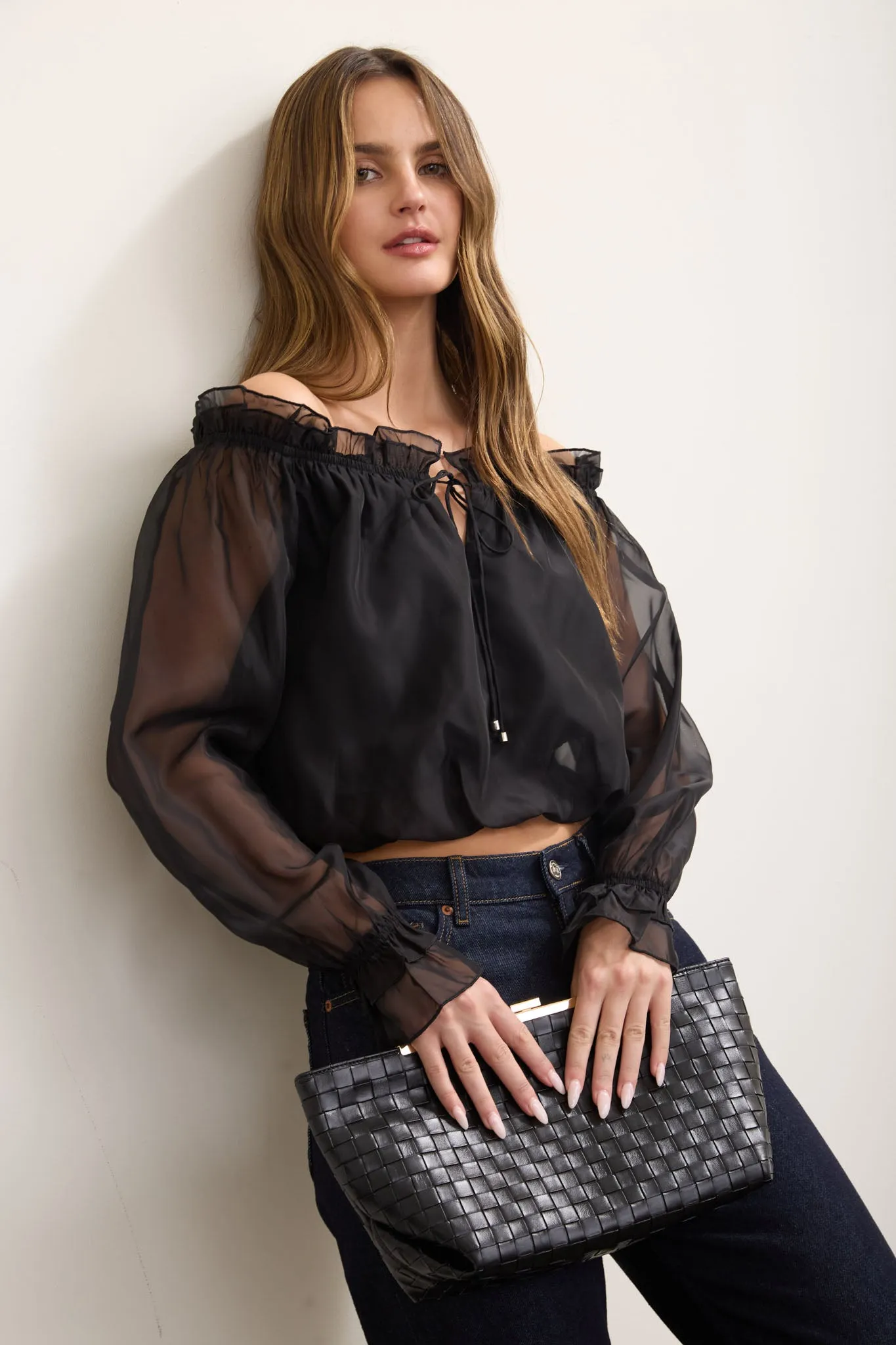 RUFFLE OFF-SHOULDER LONG SLEEVE PEASANT BLOUSE sold by Blu Pepper