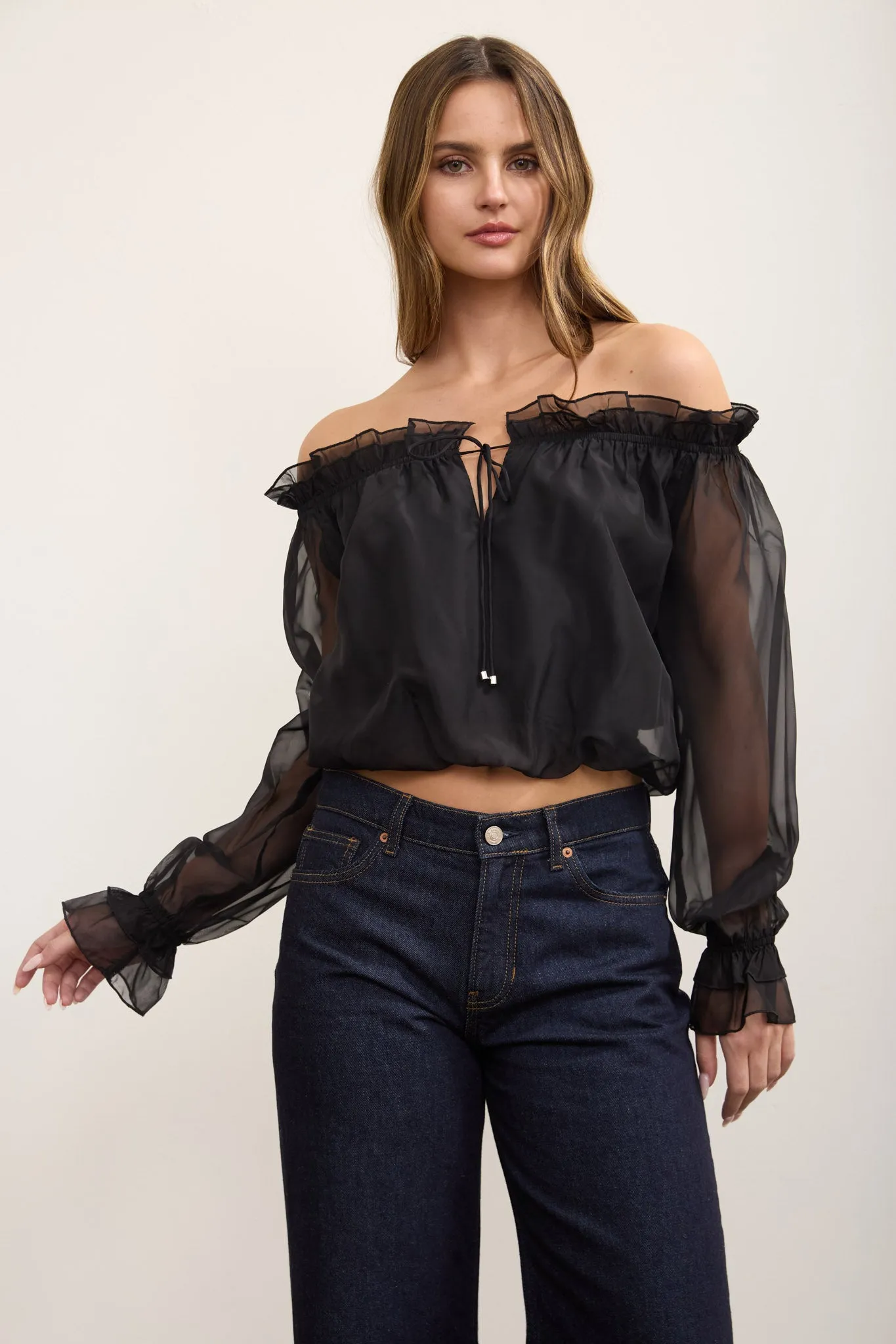 RUFFLE OFF-SHOULDER LONG SLEEVE PEASANT BLOUSE sold by Blu Pepper product image thumbnail 4