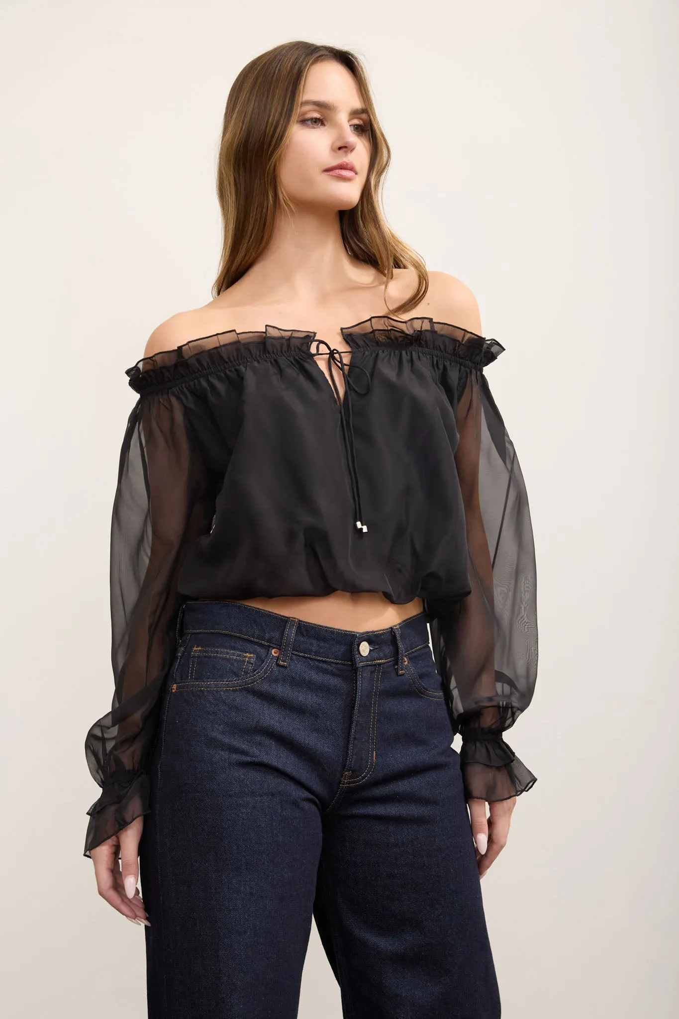 RUFFLE OFF-SHOULDER LONG SLEEVE PEASANT BLOUSE sold by Blu Pepper product image thumbnail 3