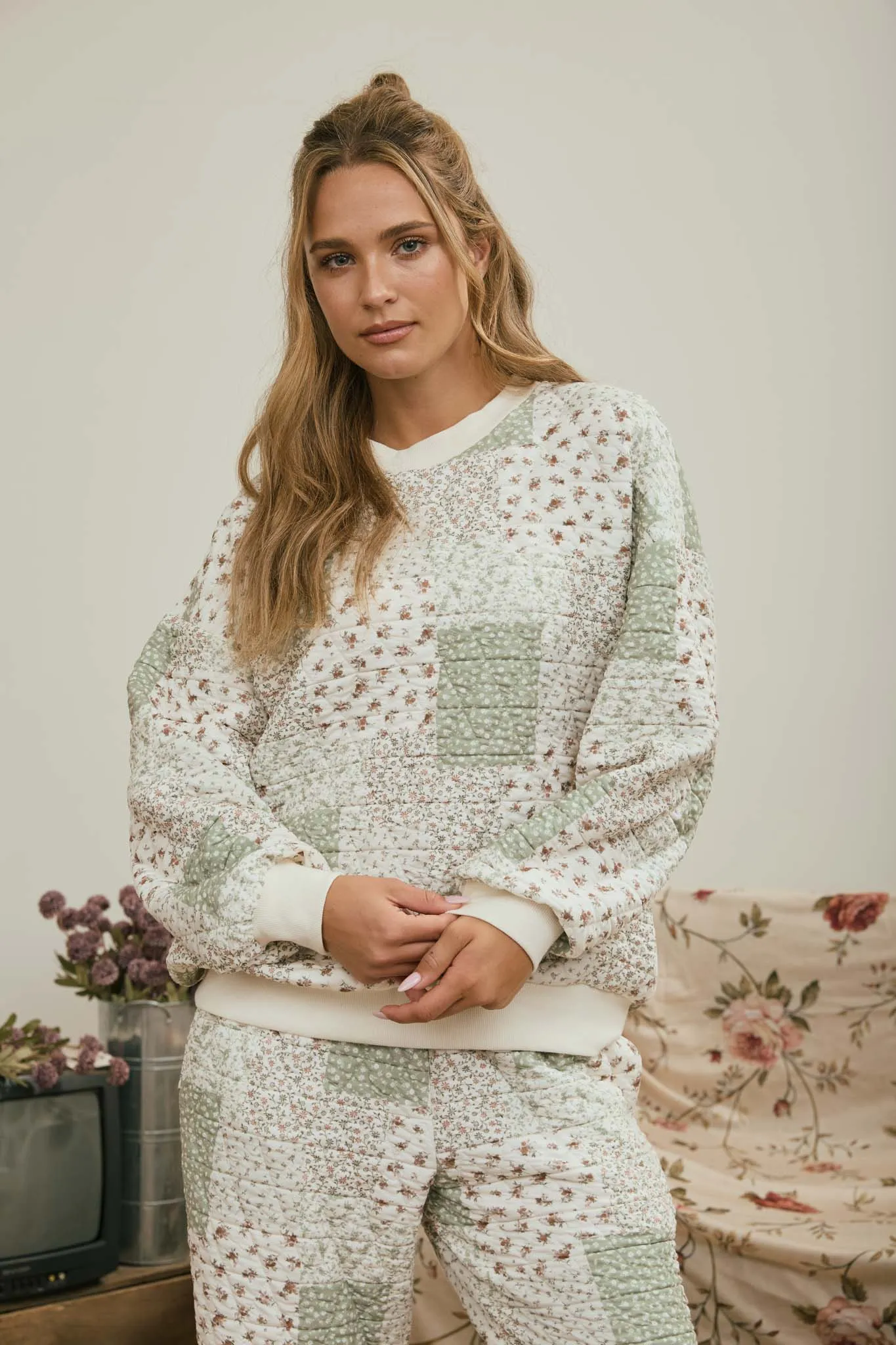MULTI-FLORAL PATCHWORK LONG SLEEVE KNIT TOP (PRE-ORDER) sold by Blu Pepper