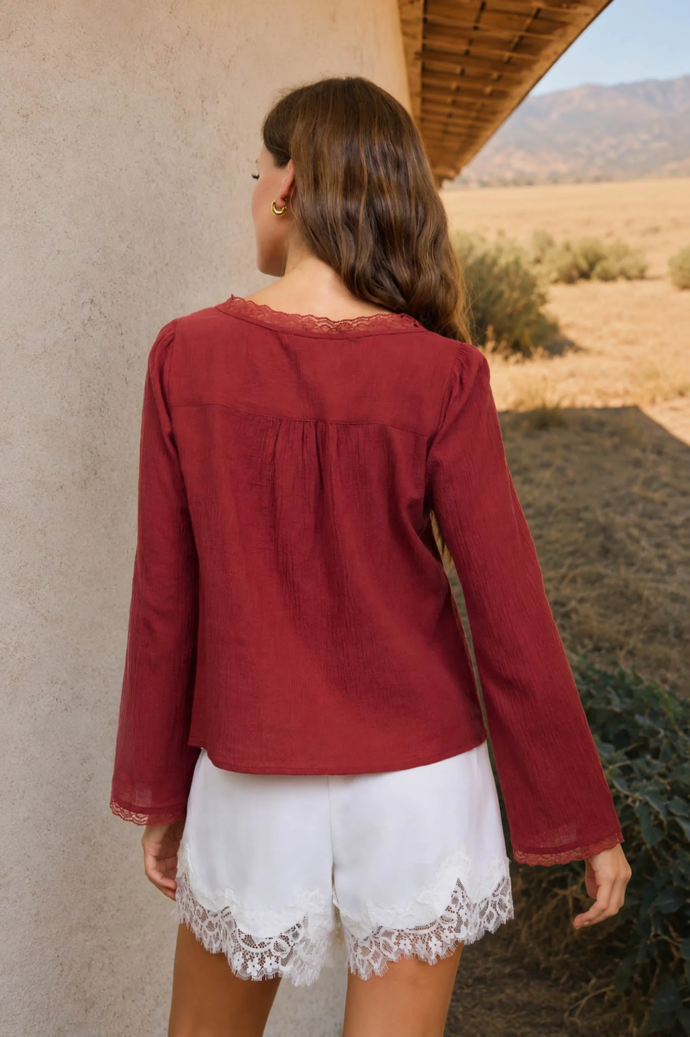 SCOOP NECK FRONT TIE LACE TRIM LONG SLEEVE TOP sold by Blu Pepper product image thumbnail 2