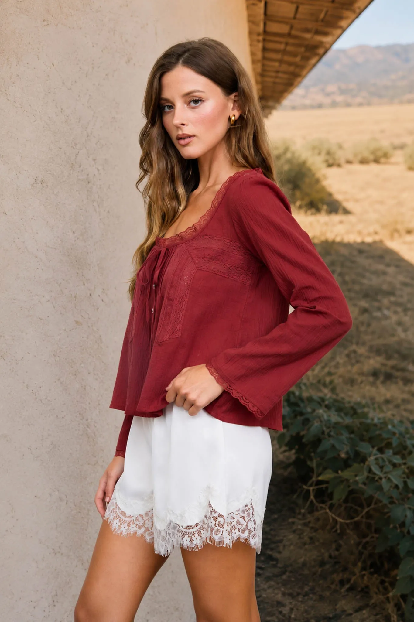 SCOOP NECK FRONT TIE LACE TRIM LONG SLEEVE TOP sold by Blu Pepper product image thumbnail 3