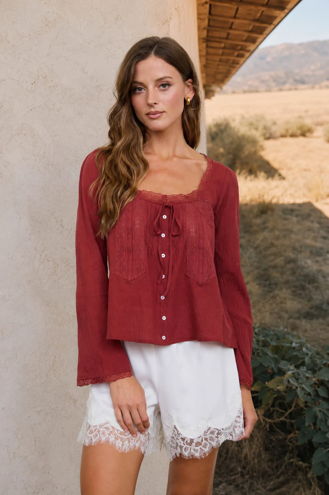 SCOOP NECK FRONT TIE LACE TRIM LONG SLEEVE TOP sold by Blu Pepper product image thumbnail 4