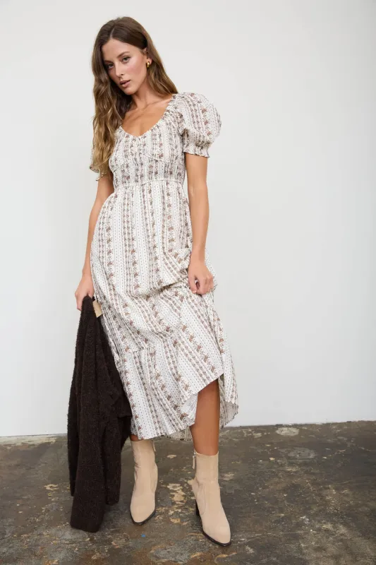 FLORAL STRIPE PUFF SLEEVE RUFFLED MIDI DRESS made by Blu Pepper