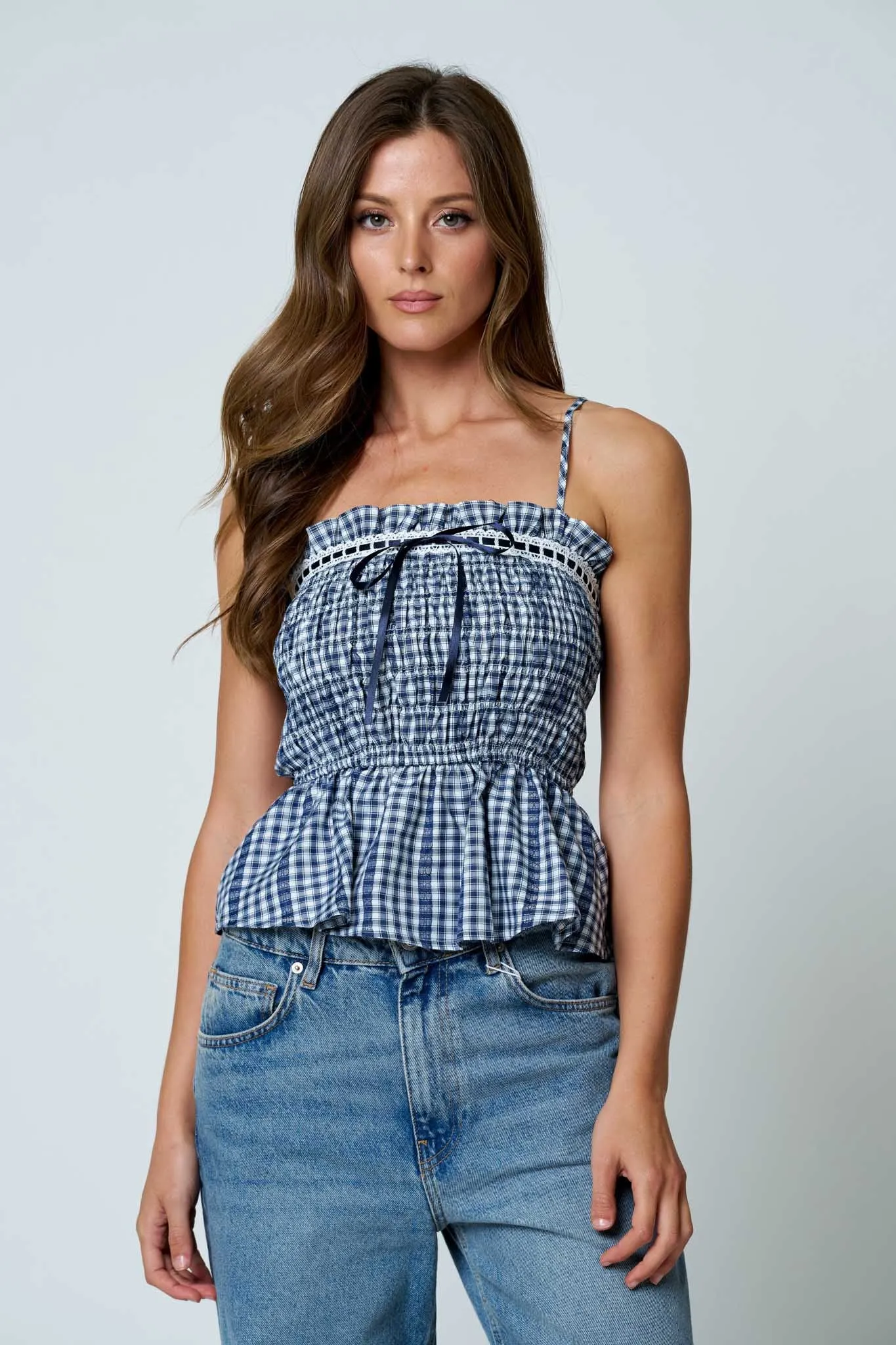 SMOCKED GINGHAM LACE TRIM PEPLUM SPAGHETTI TOP sold by Blu Pepper product image thumbnail 3