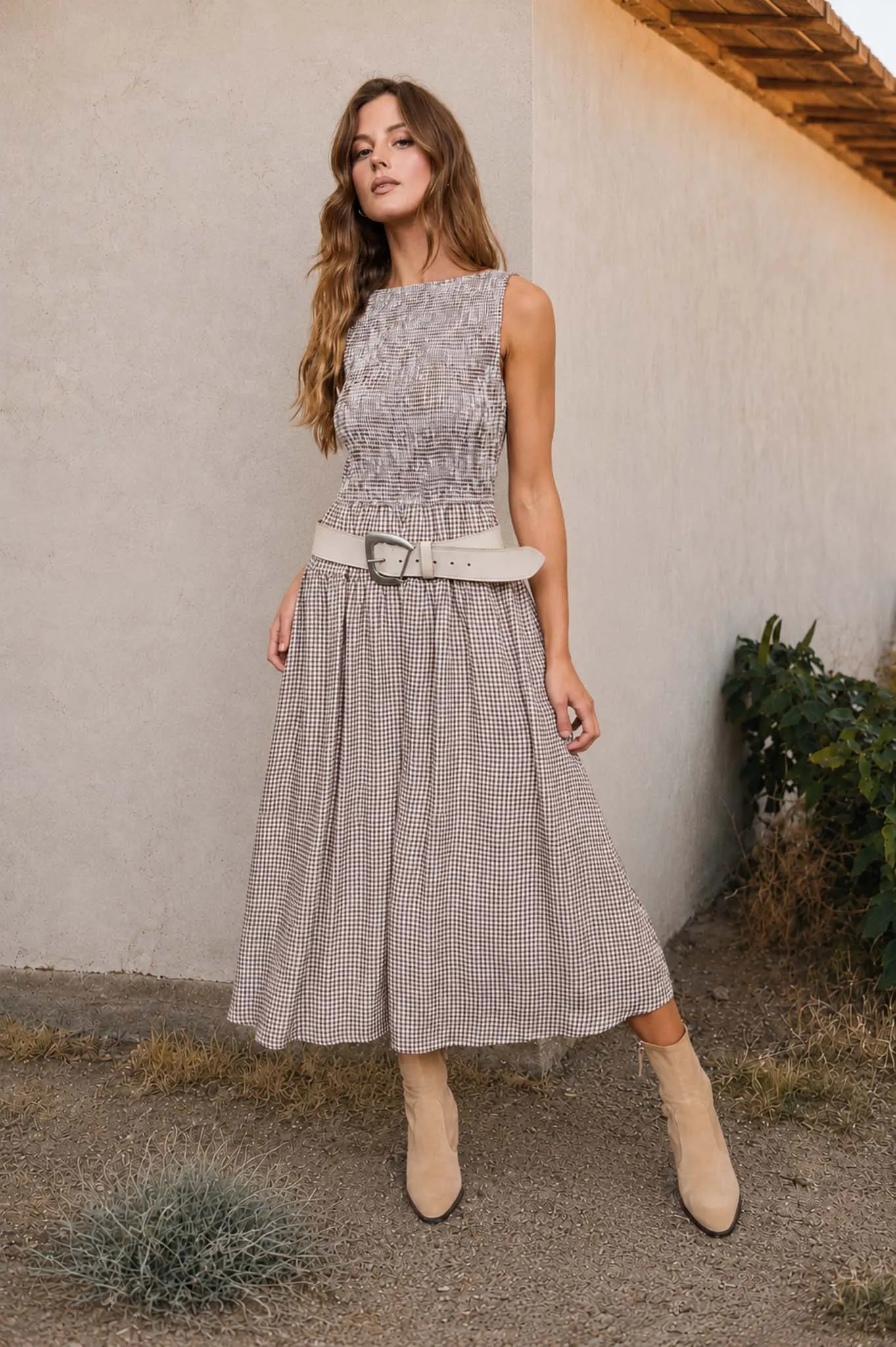 SMOCKED GINGHAM TIERED SLEEVELESS MIDI DRESS (PRE-ORDER) sold by Blu Pepper product image thumbnail 3