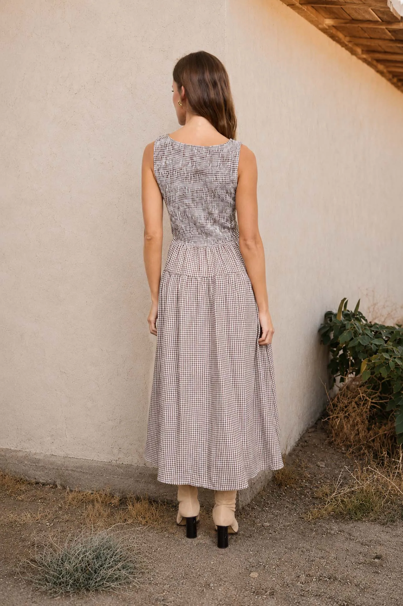 SMOCKED GINGHAM TIERED SLEEVELESS MIDI DRESS (PRE-ORDER) sold by Blu Pepper product image thumbnail 2