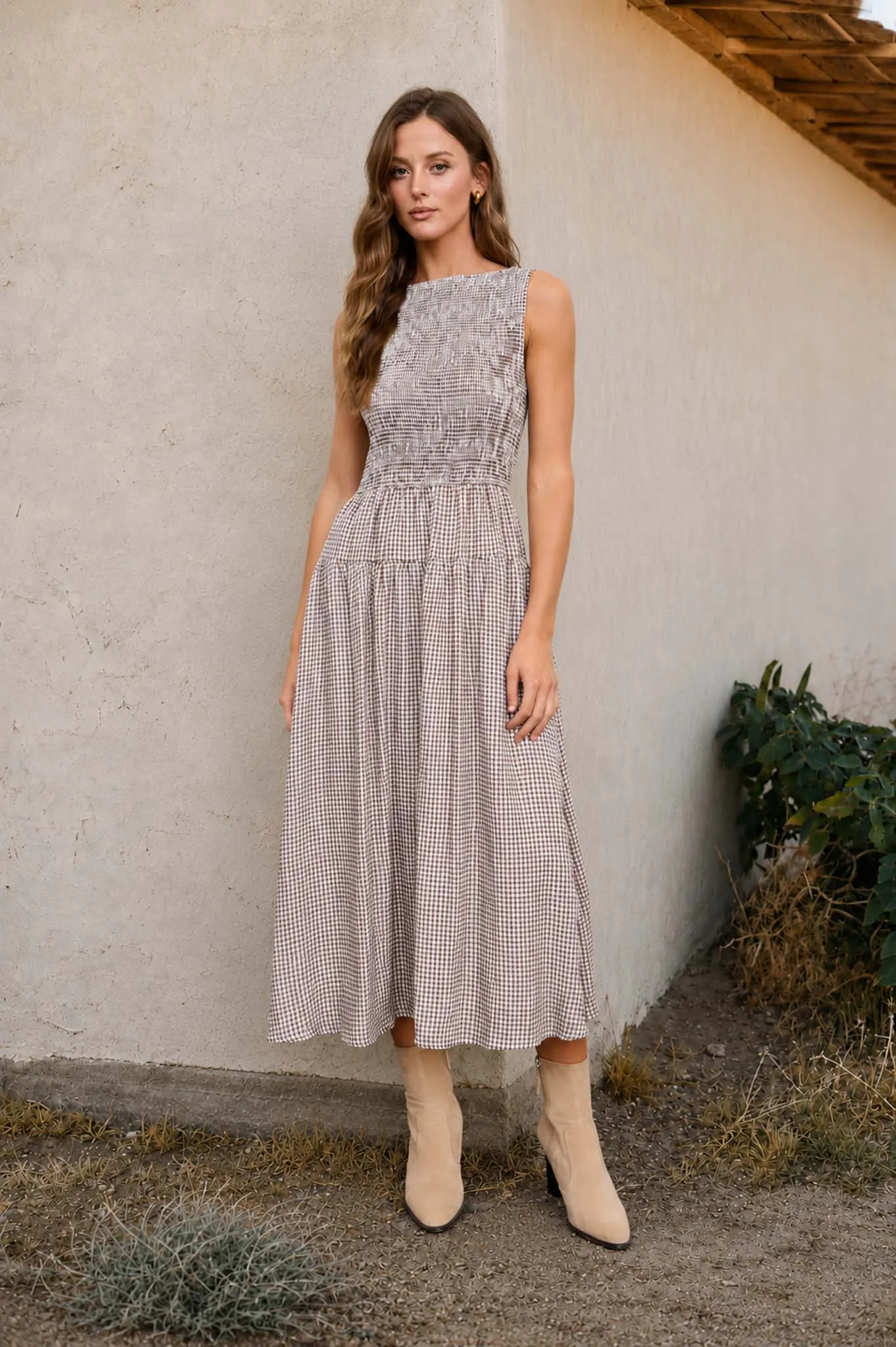 SMOCKED GINGHAM TIERED SLEEVELESS MIDI DRESS (PRE-ORDER) sold by Blu Pepper product image thumbnail 4