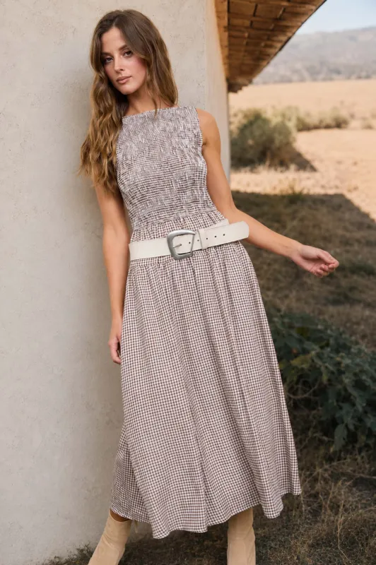 SMOCKED GINGHAM TIERED SLEEVELESS MIDI DRESS (PRE-ORDER) made by mine