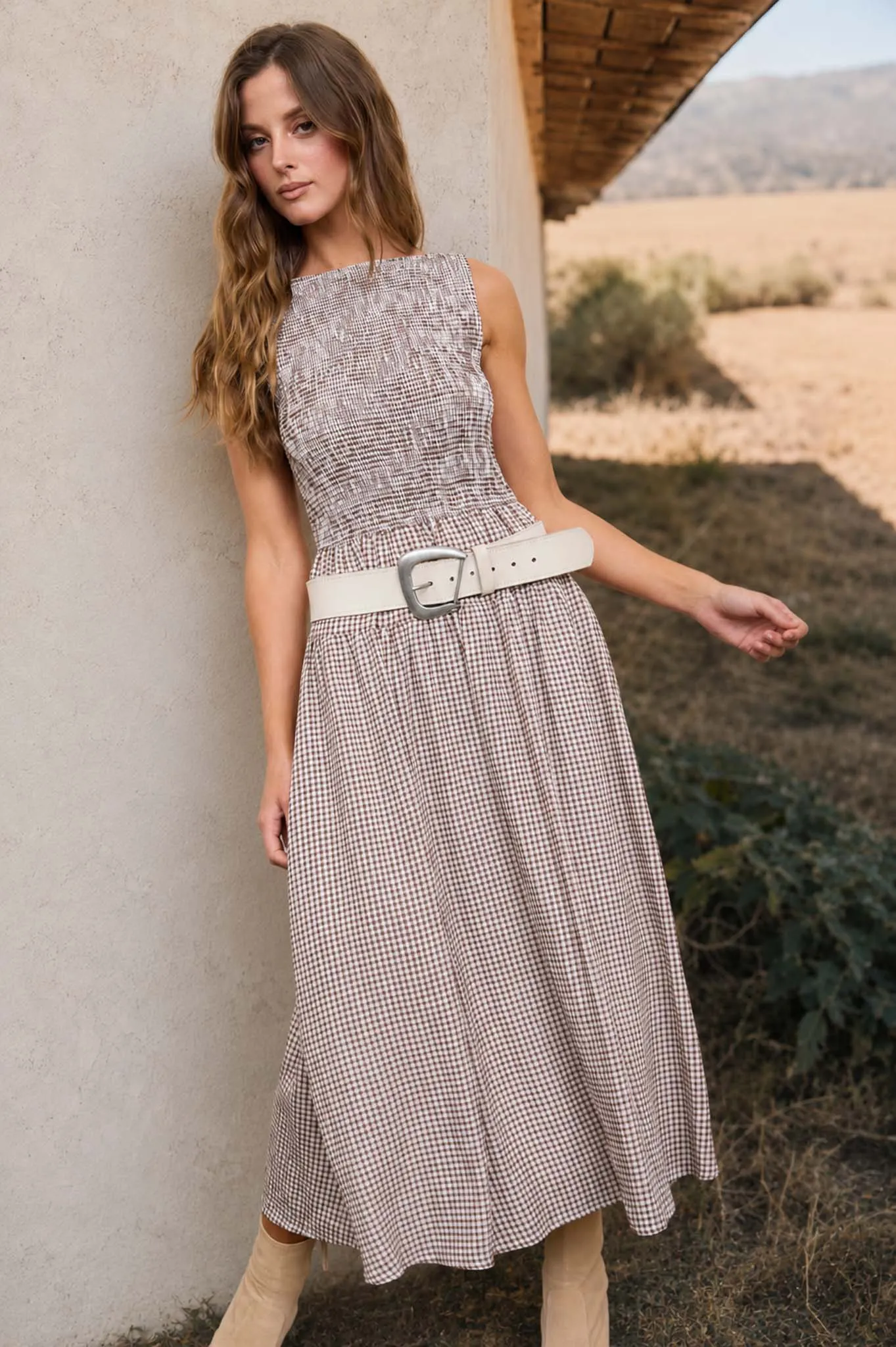 SMOCKED GINGHAM TIERED SLEEVELESS MIDI DRESS (PRE-ORDER) sold by Blu Pepper