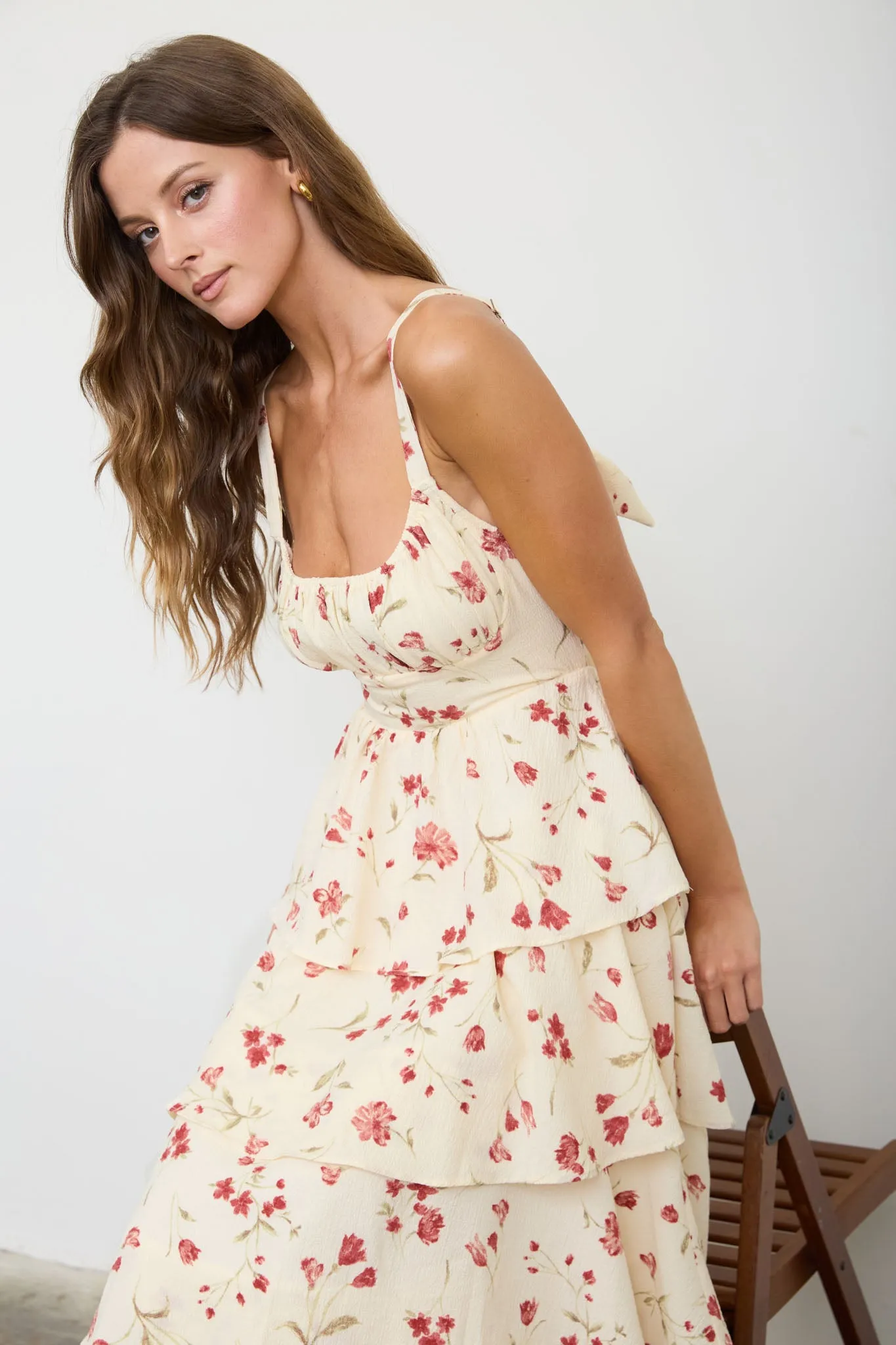 FLORAL RUFFLE TIERED BACK TIE SPAGHETTI MIDI DRESS sold by Blu Pepper product image thumbnail 4