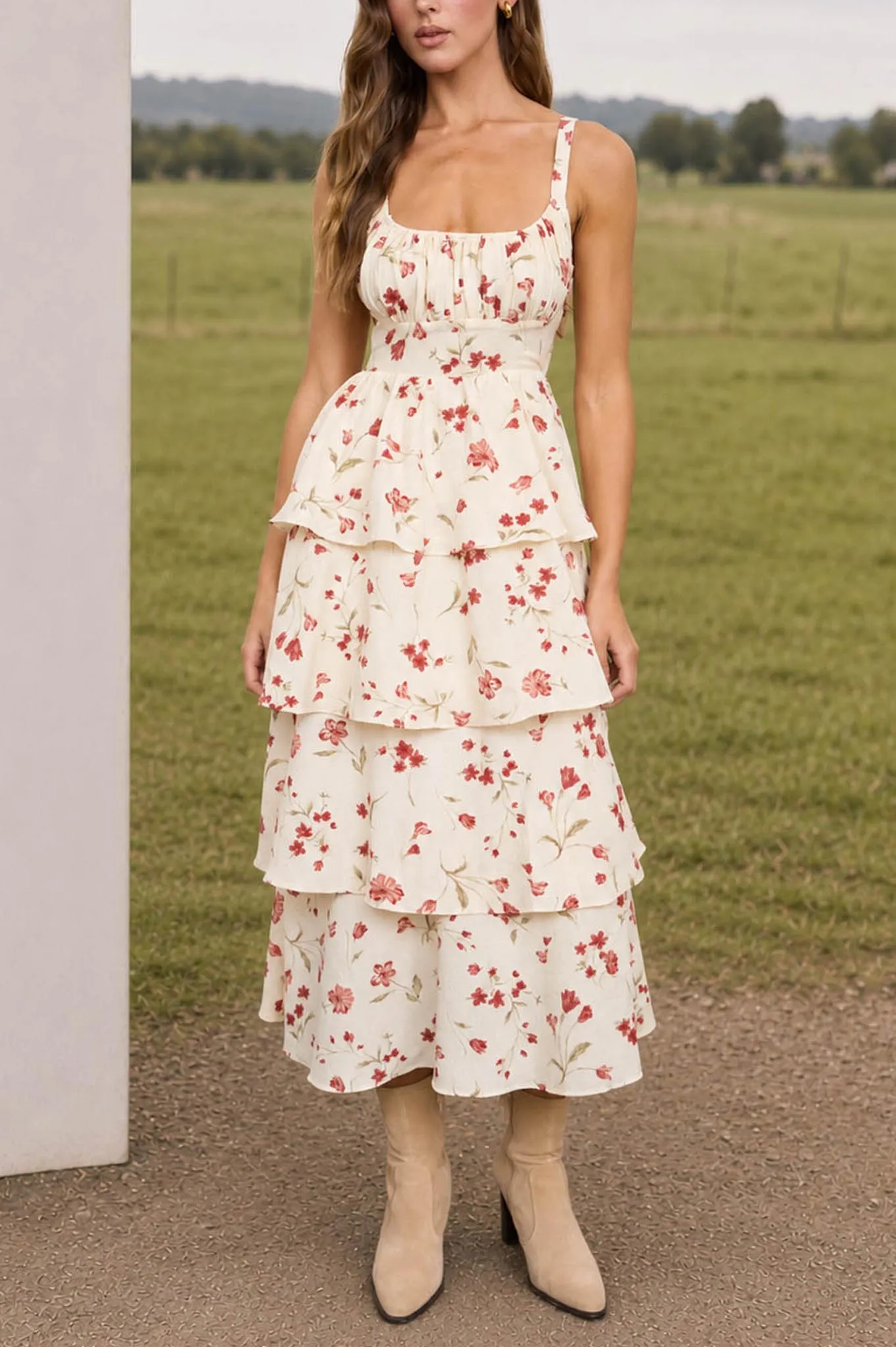 FLORAL RUFFLE TIERED BACK TIE SPAGHETTI MIDI DRESS sold by Blu Pepper