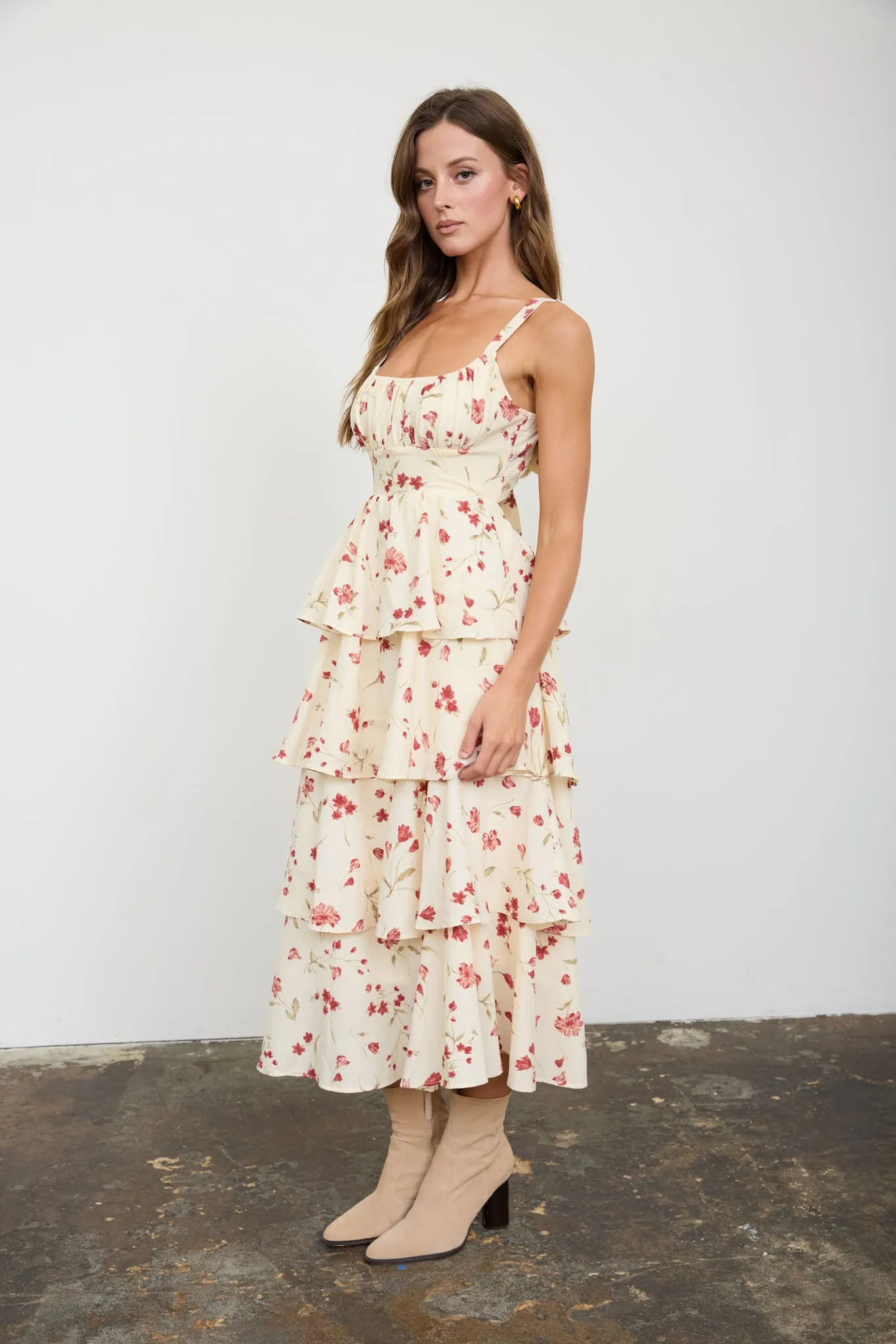 FLORAL RUFFLE TIERED BACK TIE SPAGHETTI MIDI DRESS sold by Blu Pepper product image thumbnail 3