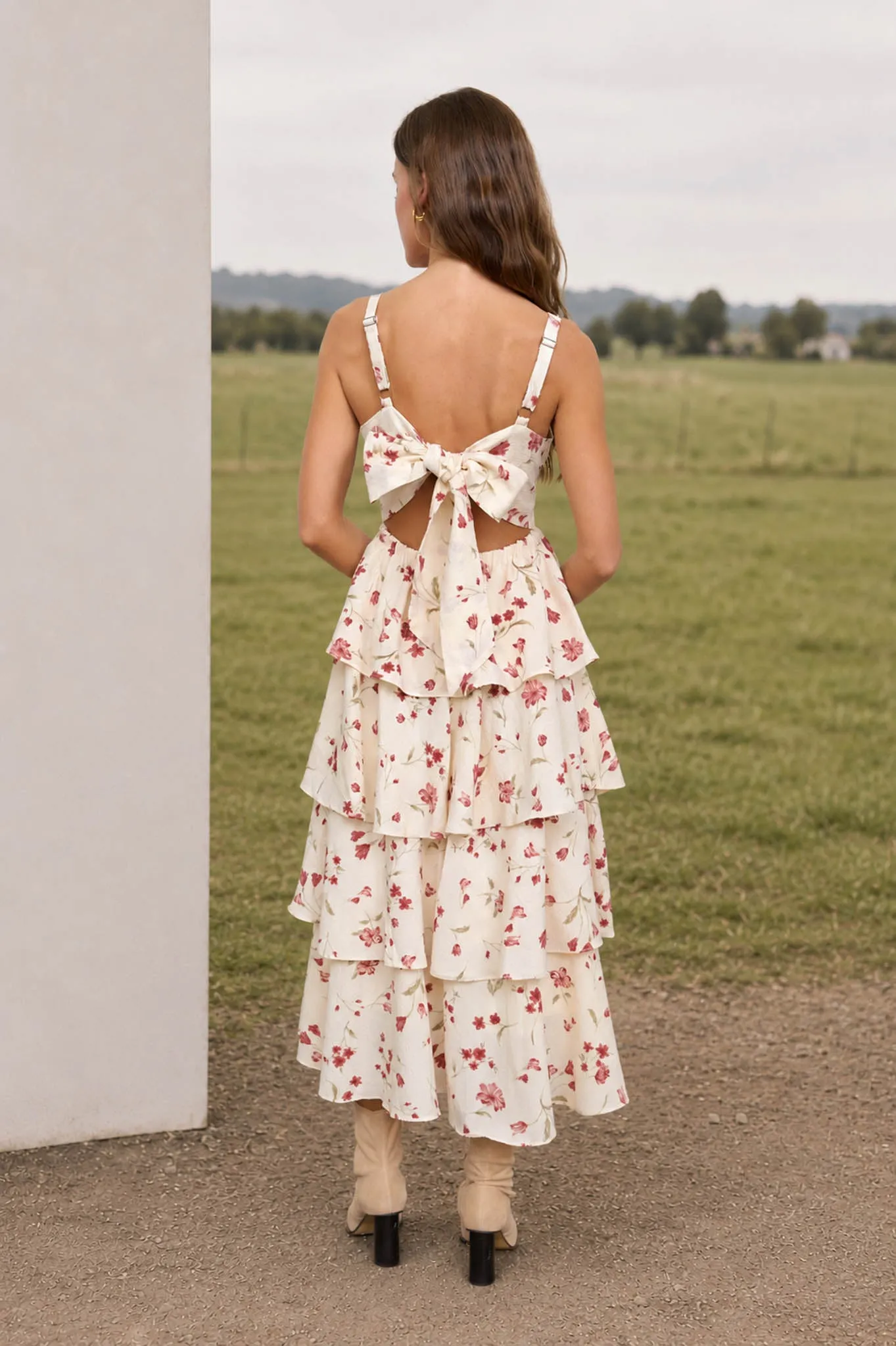 FLORAL RUFFLE TIERED BACK TIE SPAGHETTI MIDI DRESS sold by Blu Pepper product image thumbnail 2