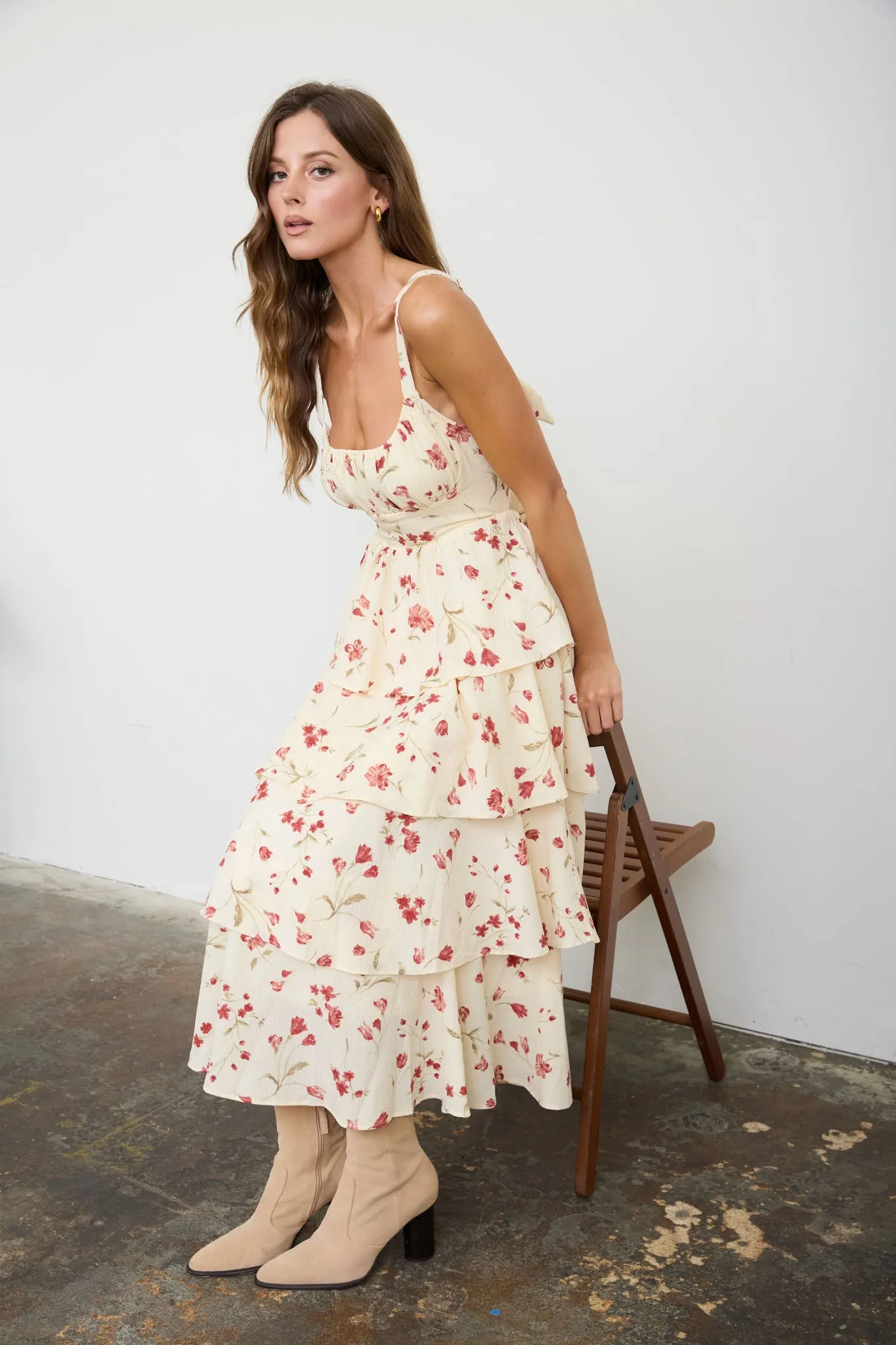 FLORAL RUFFLE TIERED BACK TIE SPAGHETTI MIDI DRESS sold by Blu Pepper product image thumbnail 5
