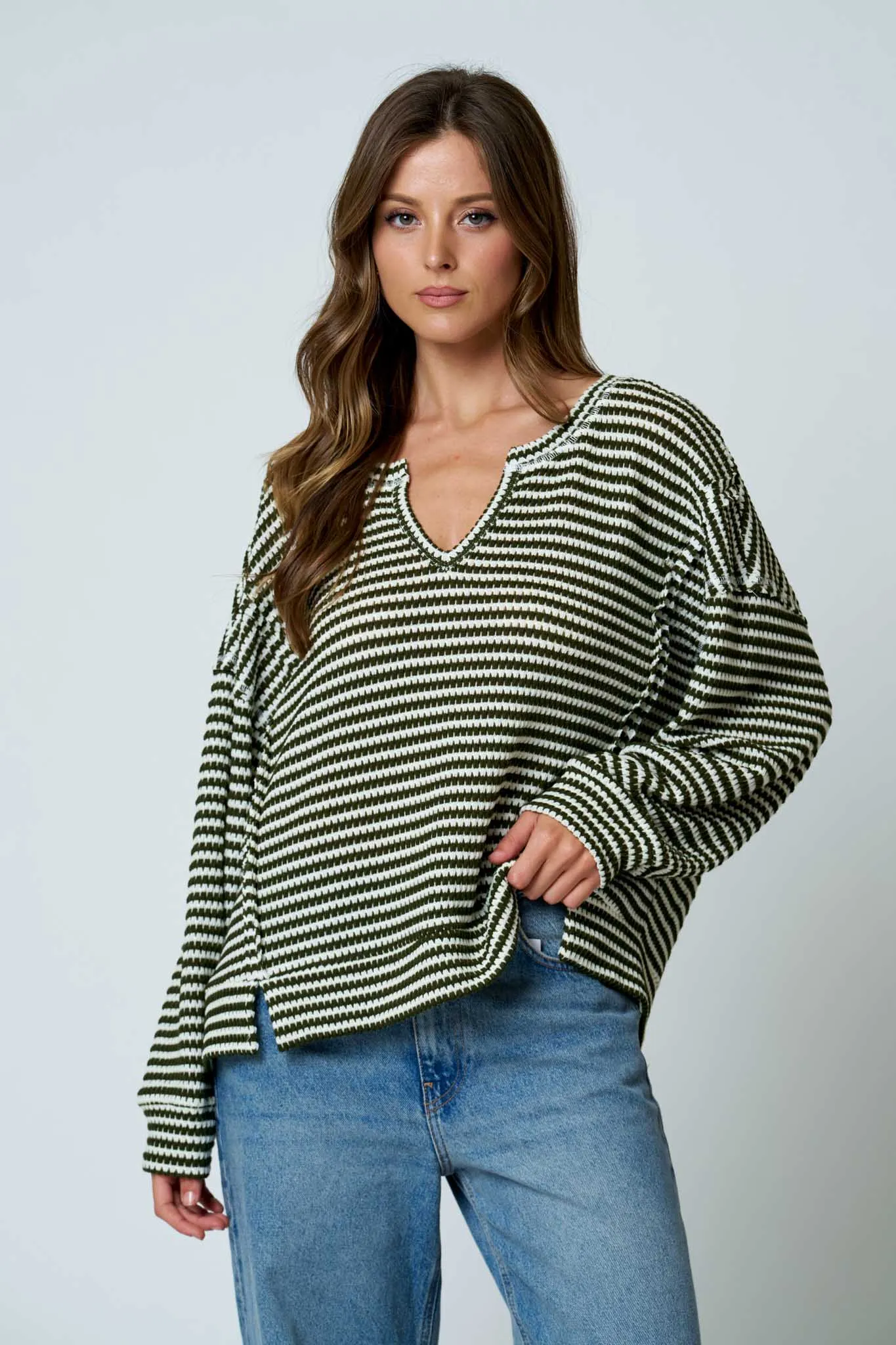 STRIPE SPLIT NECK LONG SLEEVE SEAM DETAIL KNIT TOP (PRE-ORDER) sold by Blu Pepper product image thumbnail 4