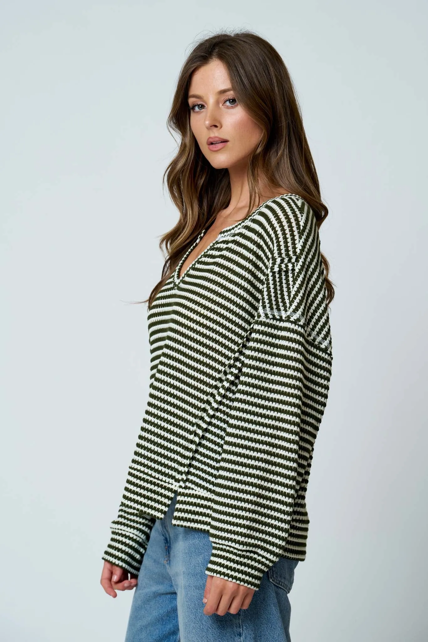 STRIPE SPLIT NECK LONG SLEEVE SEAM DETAIL KNIT TOP (PRE-ORDER) sold by Blu Pepper product image thumbnail 3