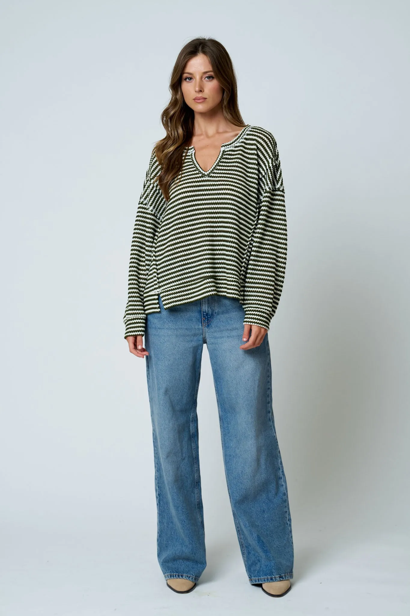 STRIPE SPLIT NECK LONG SLEEVE SEAM DETAIL KNIT TOP (PRE-ORDER) sold by Blu Pepper product image thumbnail 5