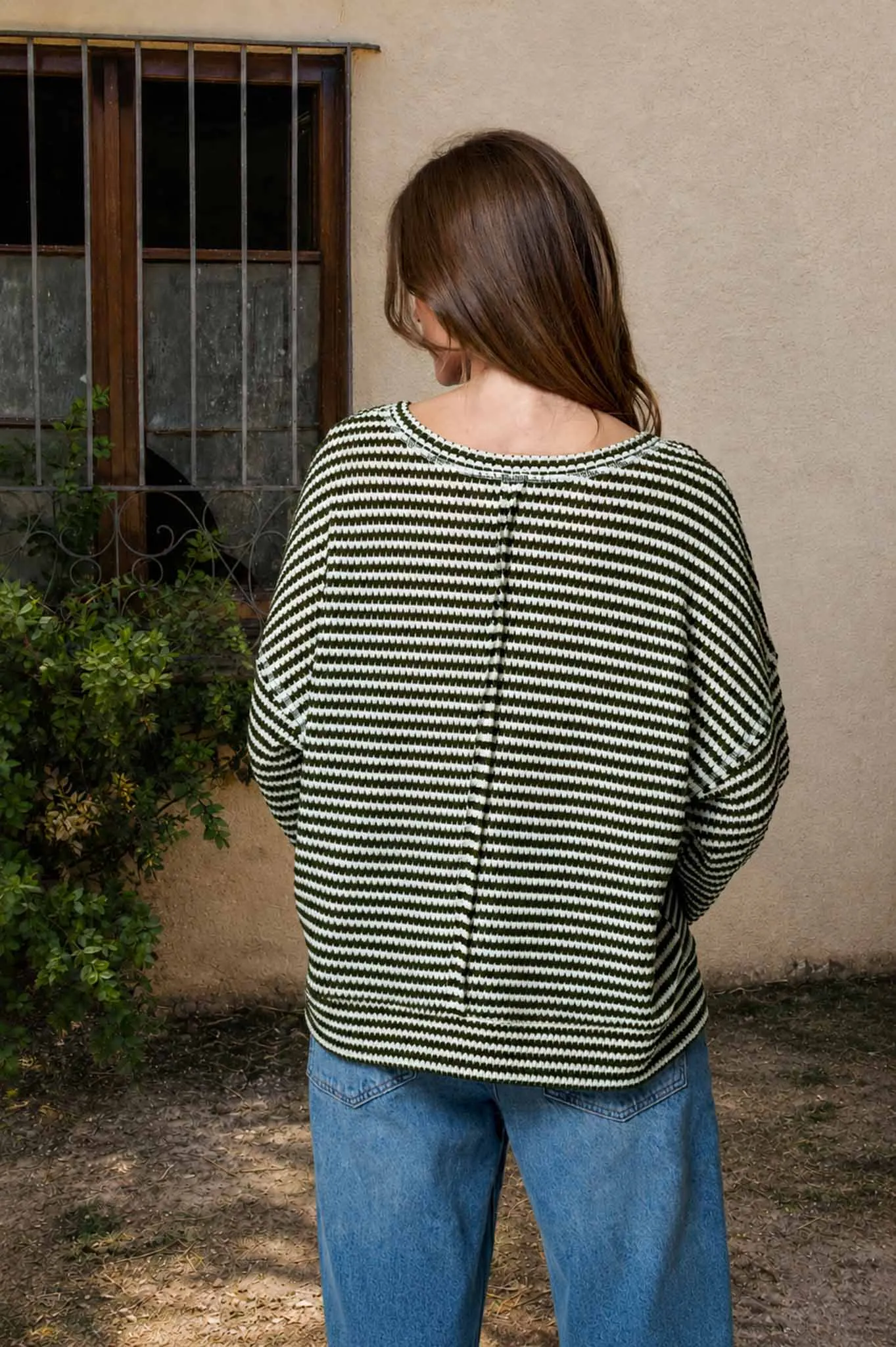 STRIPE SPLIT NECK LONG SLEEVE SEAM DETAIL KNIT TOP (PRE-ORDER) sold by Blu Pepper product image thumbnail 2