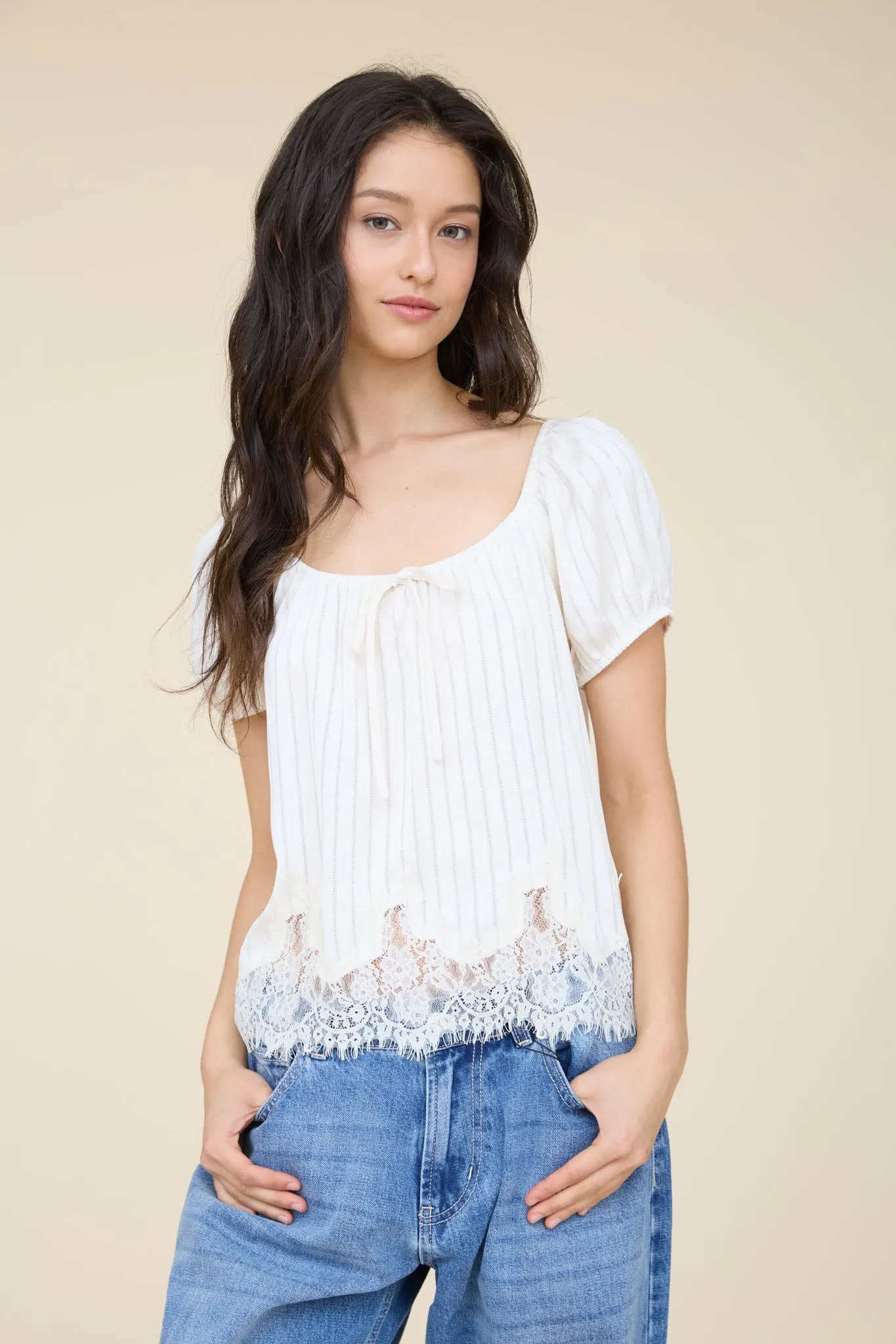 PINSTRIPE FRONT TIE LACE HEM SHORT PUFF SLEEVE TOP (PRE-ORDER) sold by Blu Pepper product image thumbnail 4