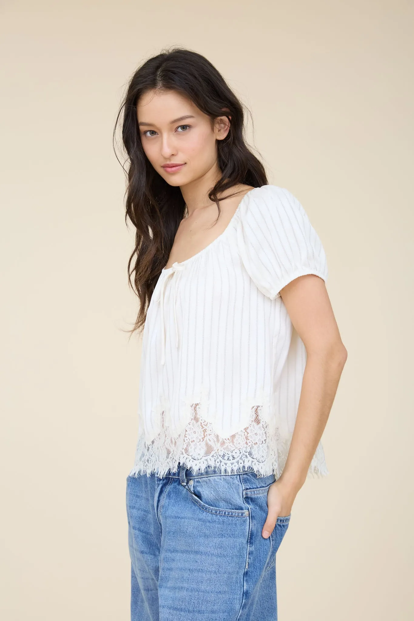 PINSTRIPE FRONT TIE LACE HEM SHORT PUFF SLEEVE TOP (PRE-ORDER) sold by Blu Pepper product image thumbnail 3