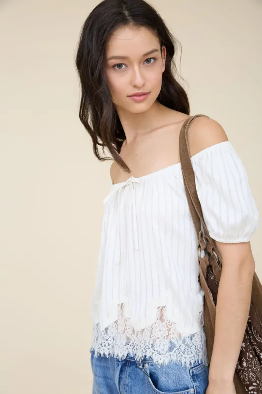PINSTRIPE FRONT TIE LACE HEM SHORT PUFF SLEEVE TOP (PRE-ORDER) made by mine