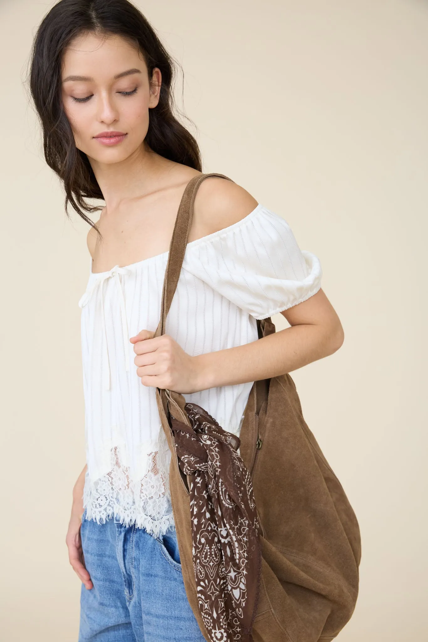 PINSTRIPE FRONT TIE LACE HEM SHORT PUFF SLEEVE TOP (PRE-ORDER) sold by Blu Pepper product image thumbnail 5