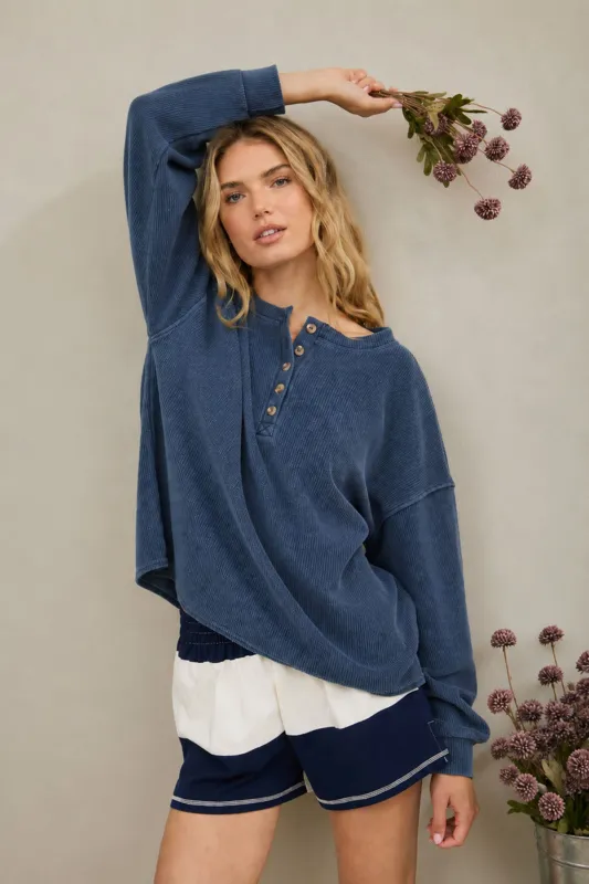 HENLEY RIBBED BOXY LONG SLEEVE WASHED KNIT TOP made by J.O.A.
