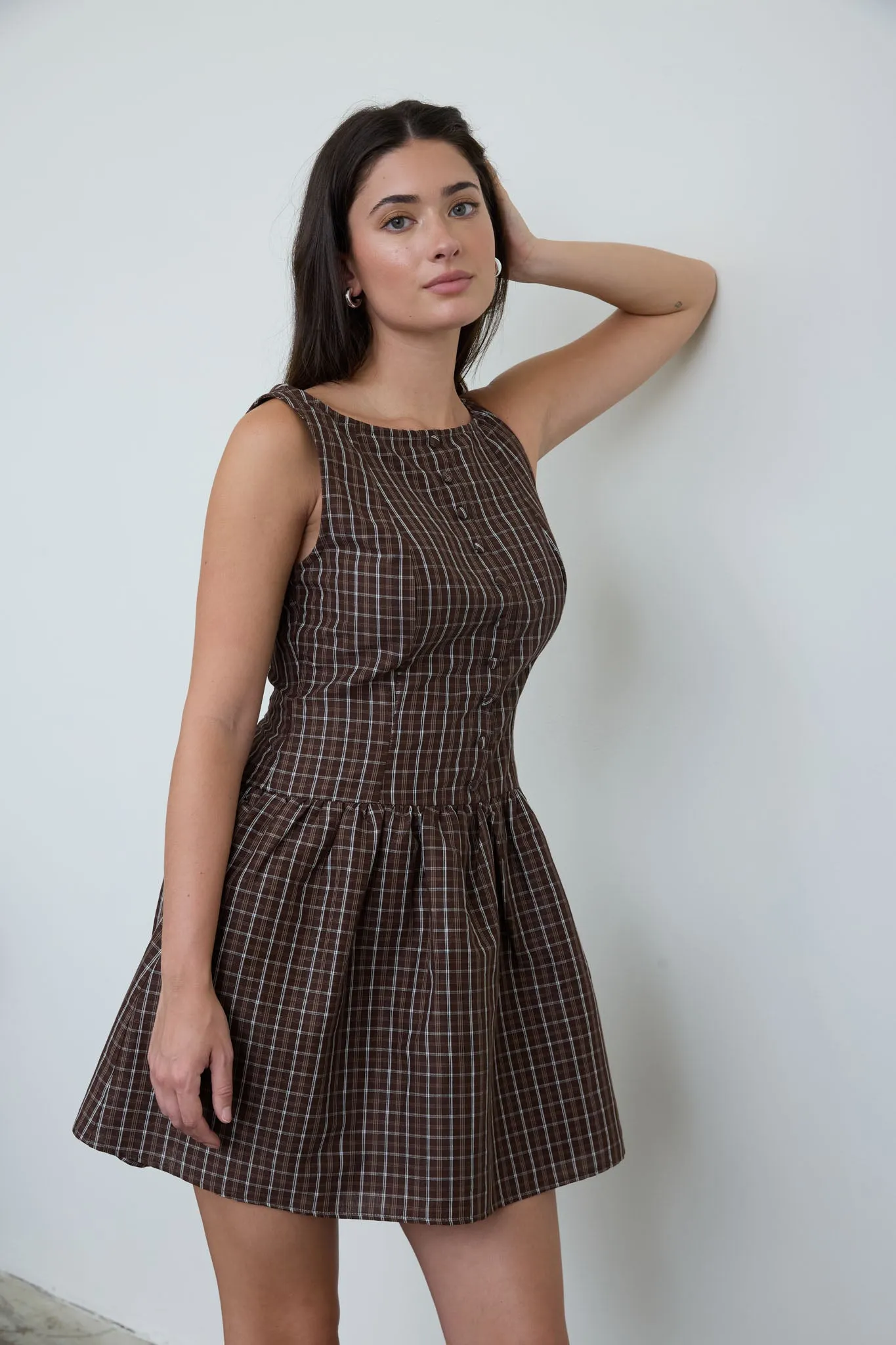 PLAID BUTTON FRONT BOAT NECK SLEEVELESS MINI DRESS sold by Blu Pepper product image thumbnail 5