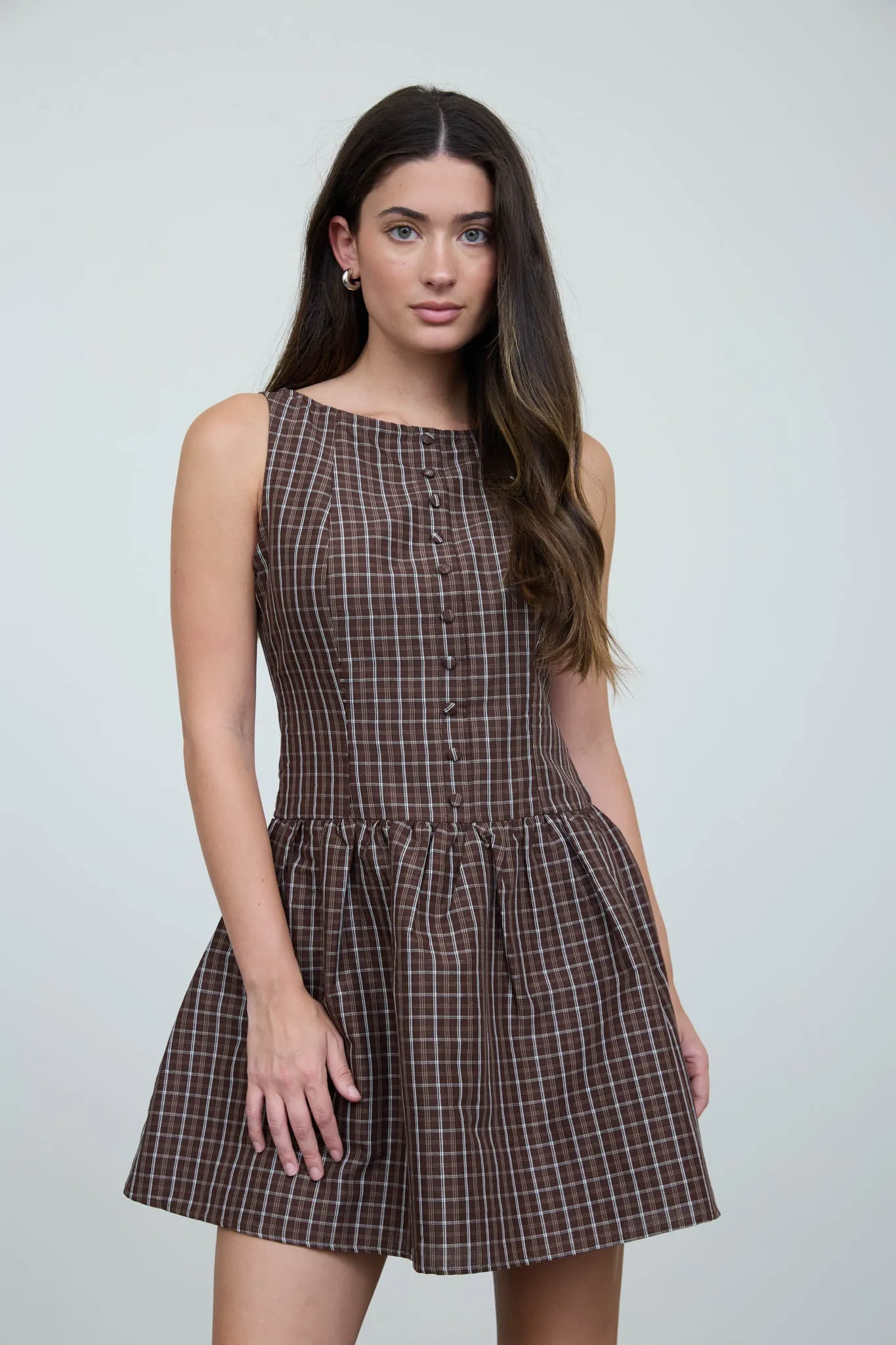 PLAID BUTTON FRONT BOAT NECK SLEEVELESS MINI DRESS sold by Blu Pepper product image thumbnail 4