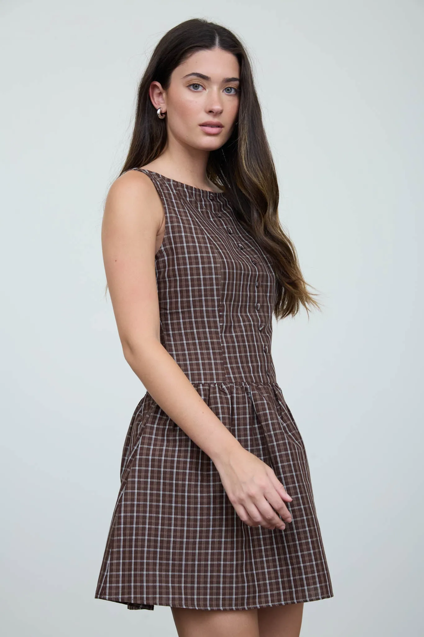 PLAID BUTTON FRONT BOAT NECK SLEEVELESS MINI DRESS sold by Blu Pepper product image thumbnail 3