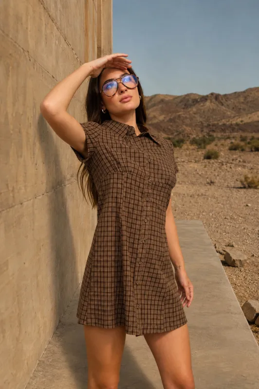 SHIRT COLLAR BUTTON-FRONT PLAID MINI DRESS made by Blu Pepper