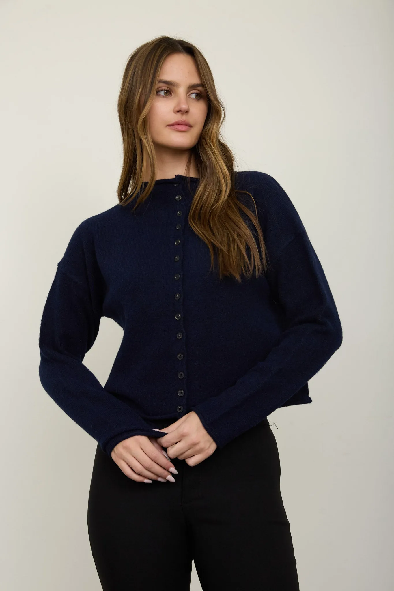 RAW EDGE MOCK NECK BUTTON DOWN CARDIGAN sold by Blu Pepper