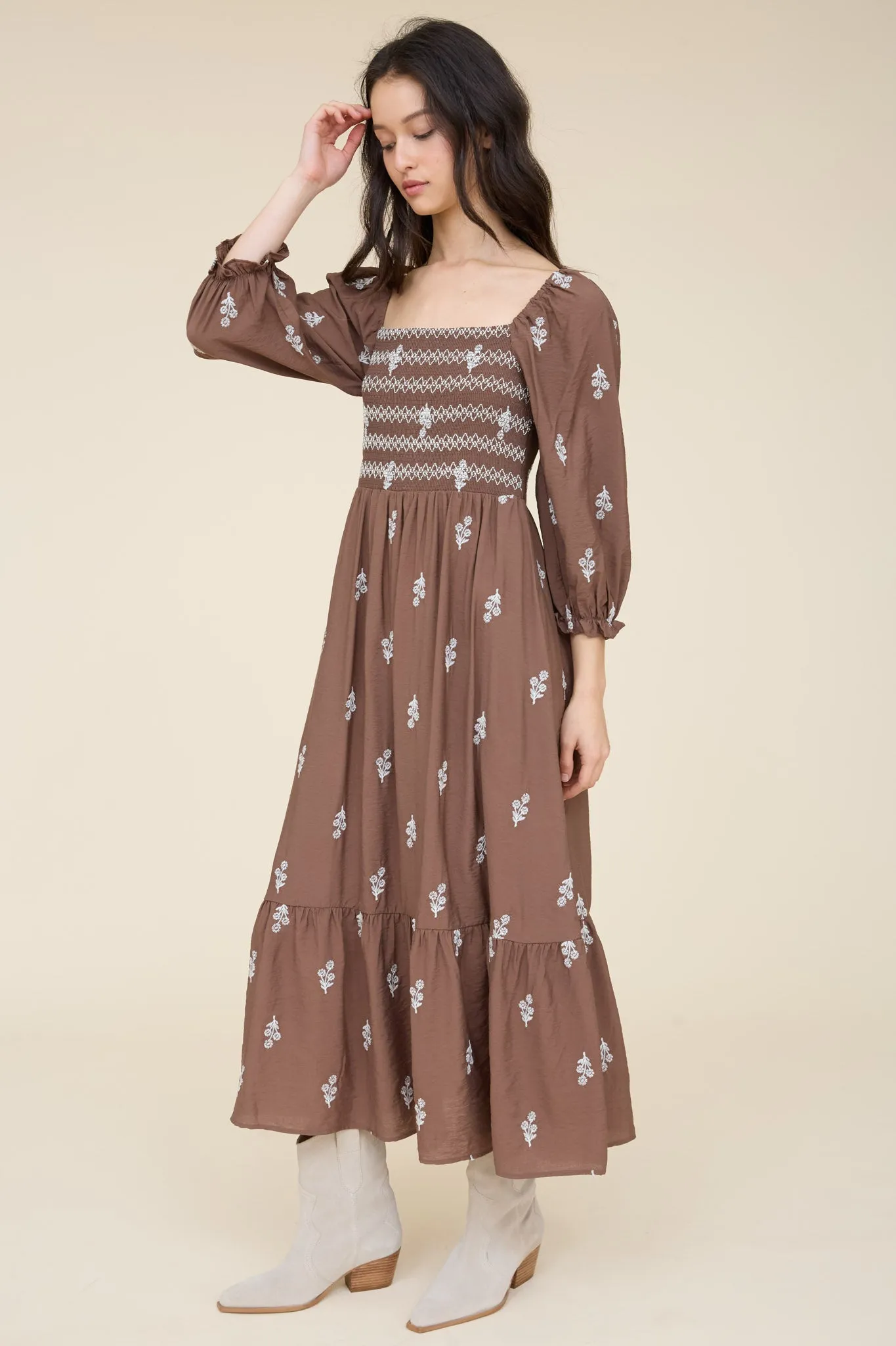 FLORAL EMBROIDERY LONG SLEEVE SMOCKED MIDI DRESS sold by Blu Pepper product image thumbnail 3