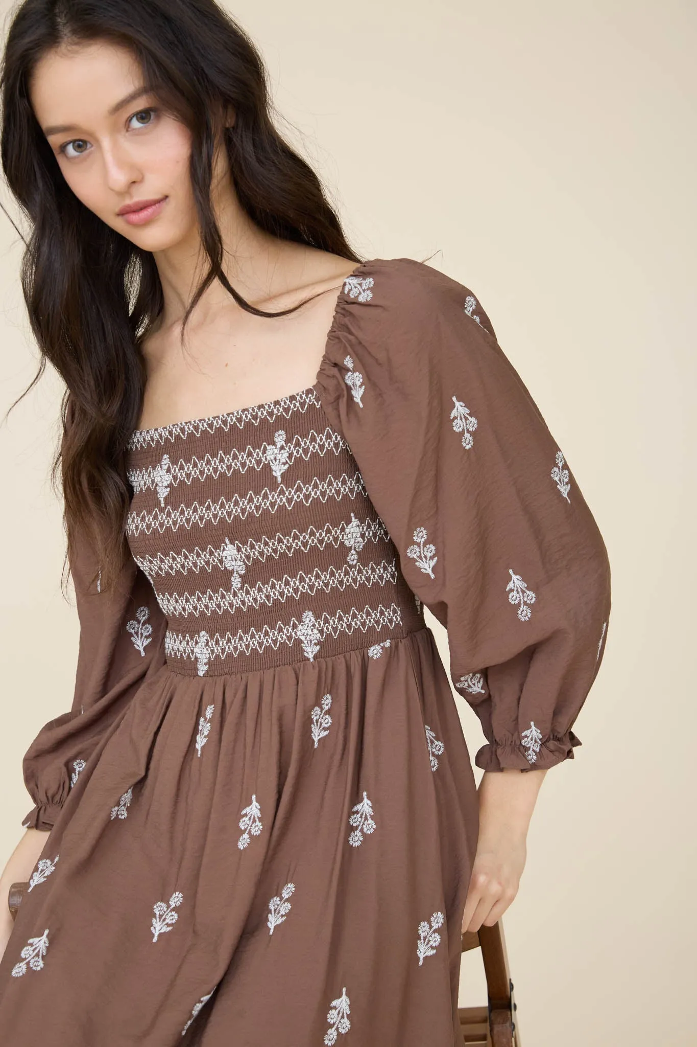 FLORAL EMBROIDERY LONG SLEEVE SMOCKED MIDI DRESS sold by Blu Pepper product image thumbnail 4