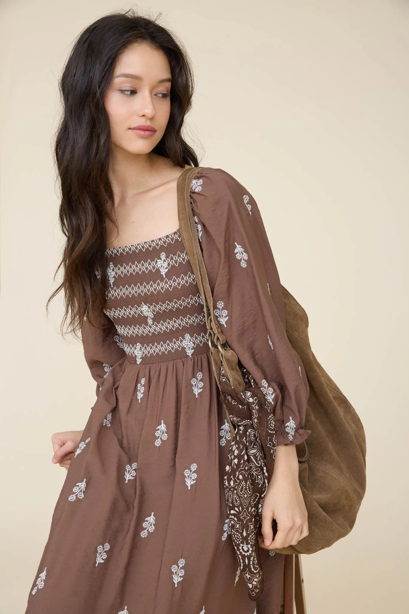 FLORAL EMBROIDERY LONG SLEEVE SMOCKED MIDI DRESS sold by Blu Pepper