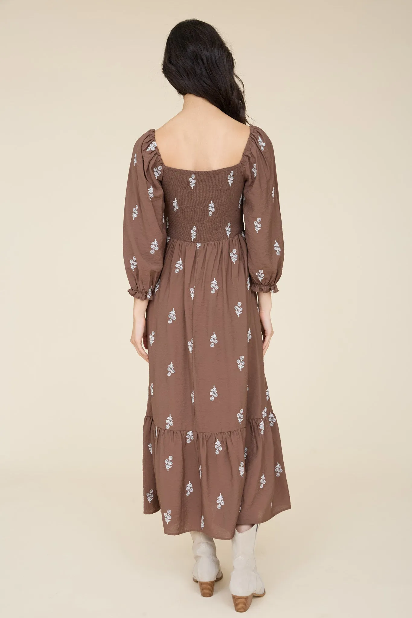 FLORAL EMBROIDERY LONG SLEEVE SMOCKED MIDI DRESS sold by Blu Pepper product image thumbnail 5