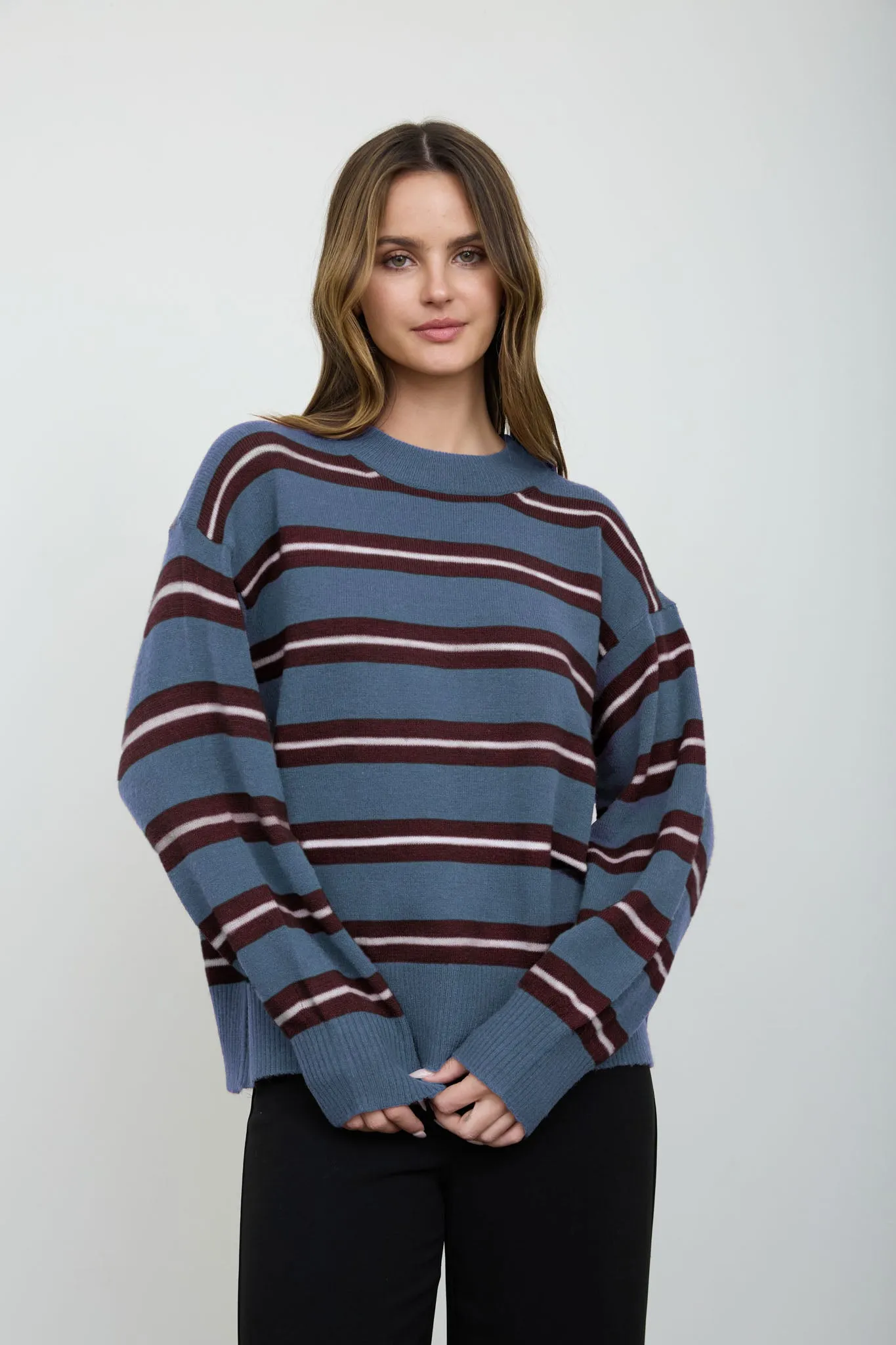 MULTI-COLOR STRIPE CREW NECK RELAXED KNIT PULLOVER sold by Blu Pepper