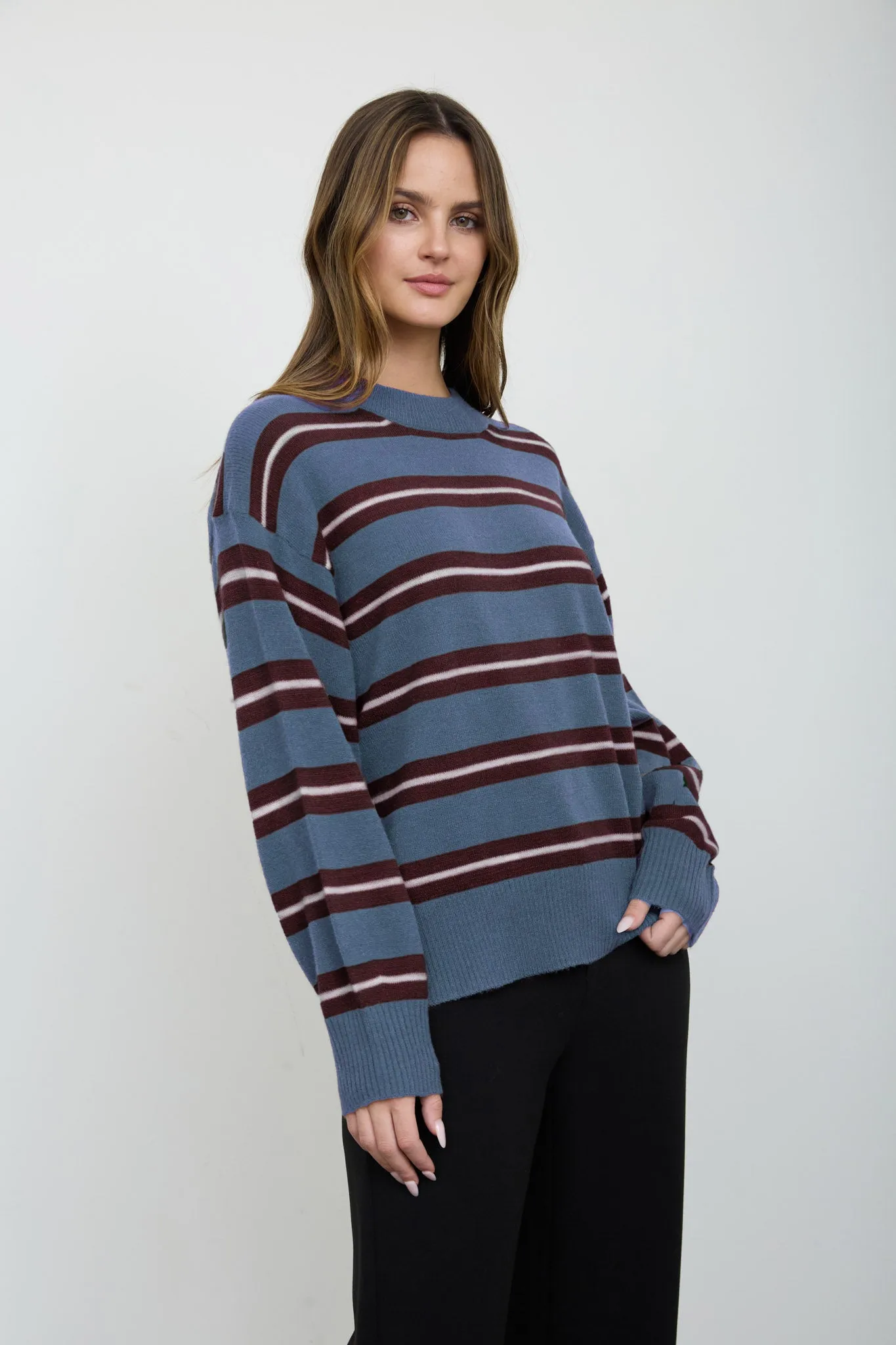 MULTI-COLOR STRIPE CREW NECK RELAXED KNIT PULLOVER sold by Blu Pepper product image thumbnail 3