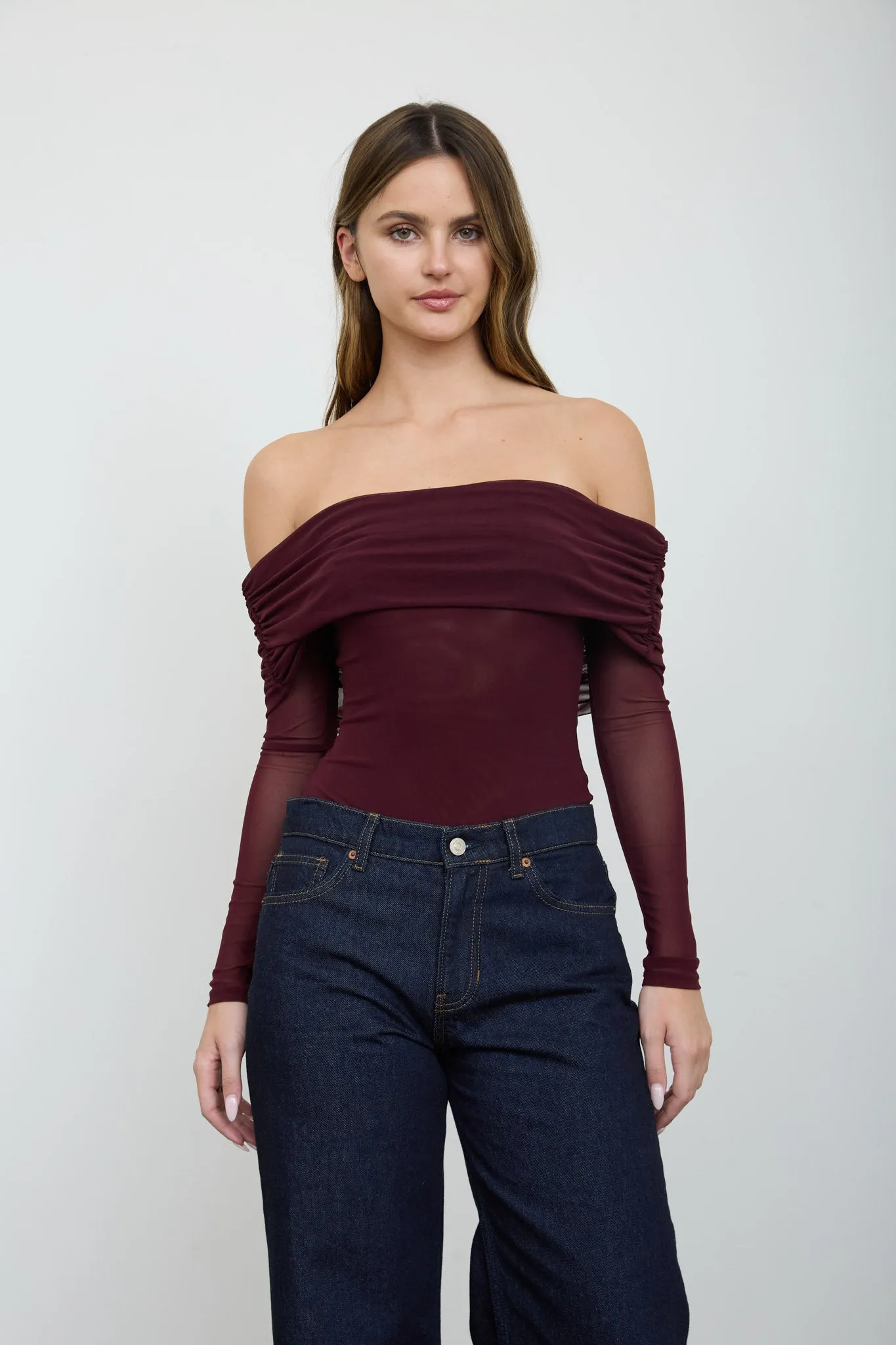 OFF-SHOULDER SHEER LONG SLEEVE MESH BODYSUIT sold by Blu Pepper product image thumbnail 5