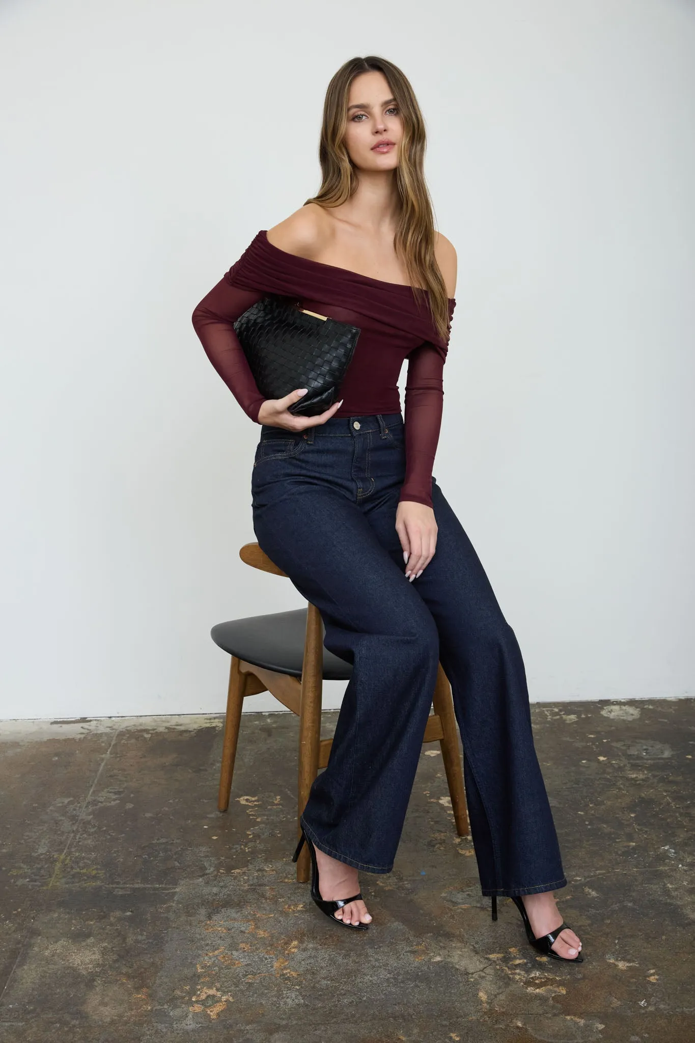OFF-SHOULDER SHEER LONG SLEEVE MESH BODYSUIT sold by Blu Pepper product image thumbnail 2