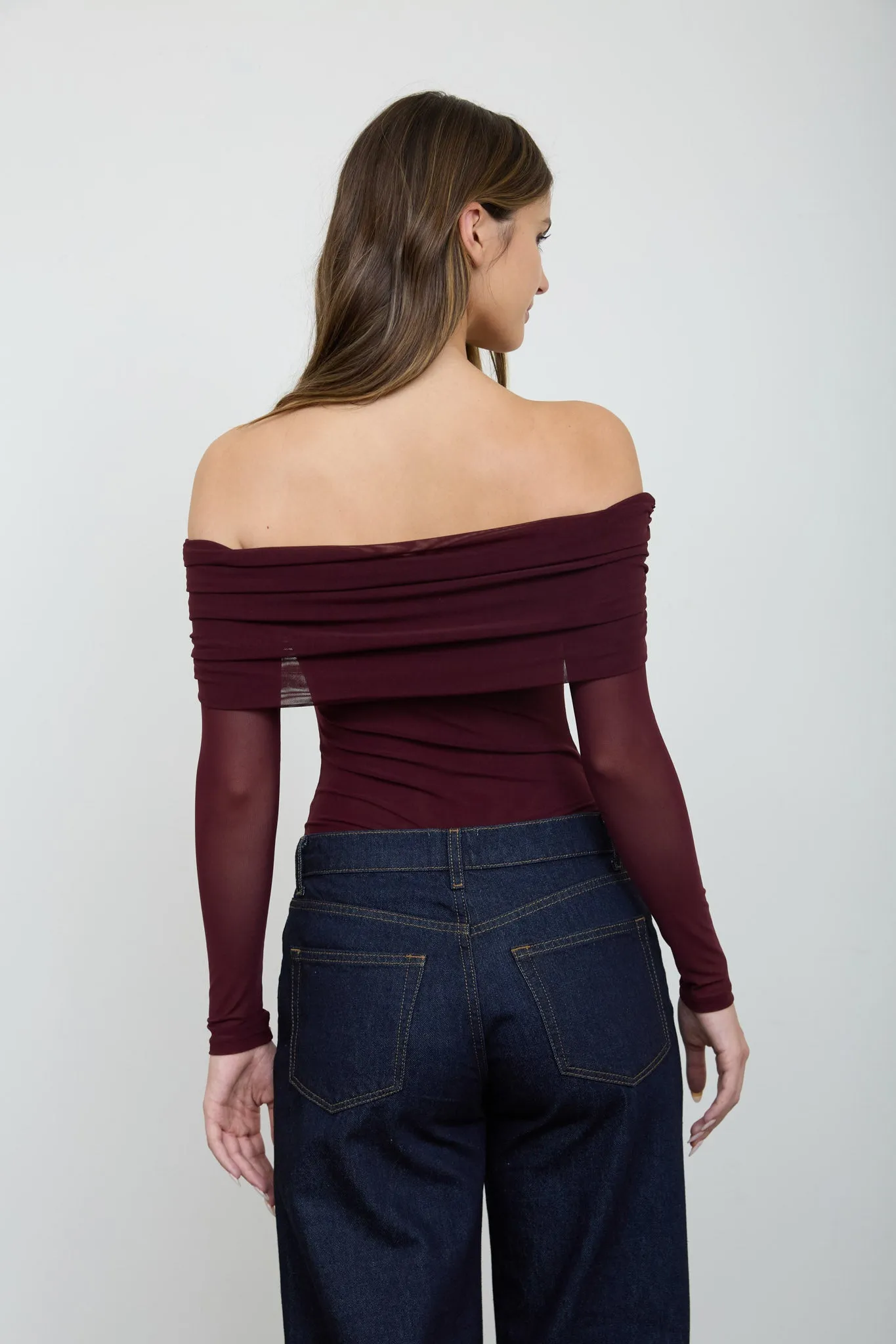 OFF-SHOULDER SHEER LONG SLEEVE MESH BODYSUIT sold by Blu Pepper product image thumbnail 3