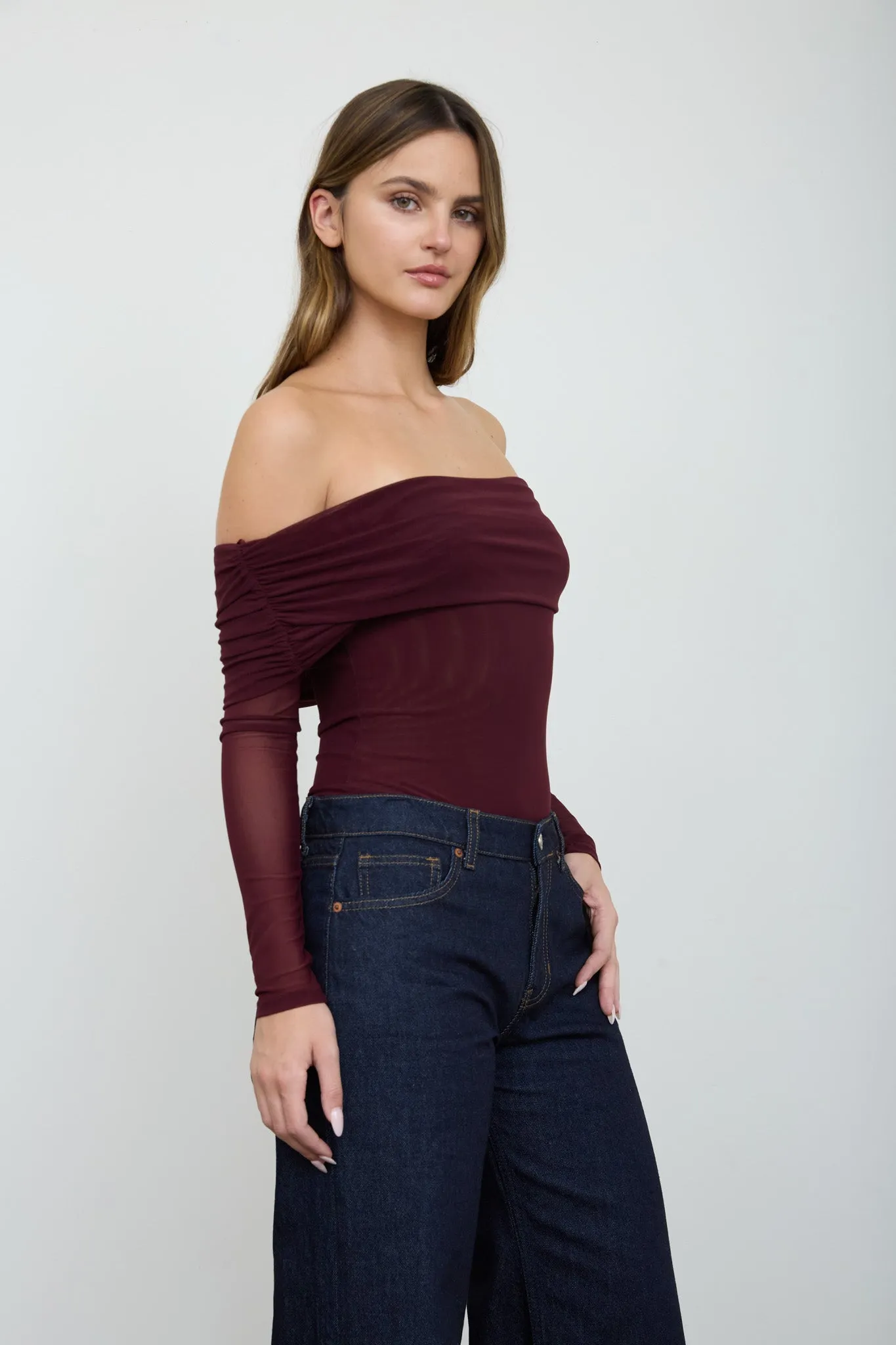 OFF-SHOULDER SHEER LONG SLEEVE MESH BODYSUIT sold by Blu Pepper product image thumbnail 4