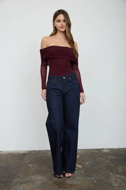 OFF-SHOULDER SHEER LONG SLEEVE MESH BODYSUIT made by Blu Pepper